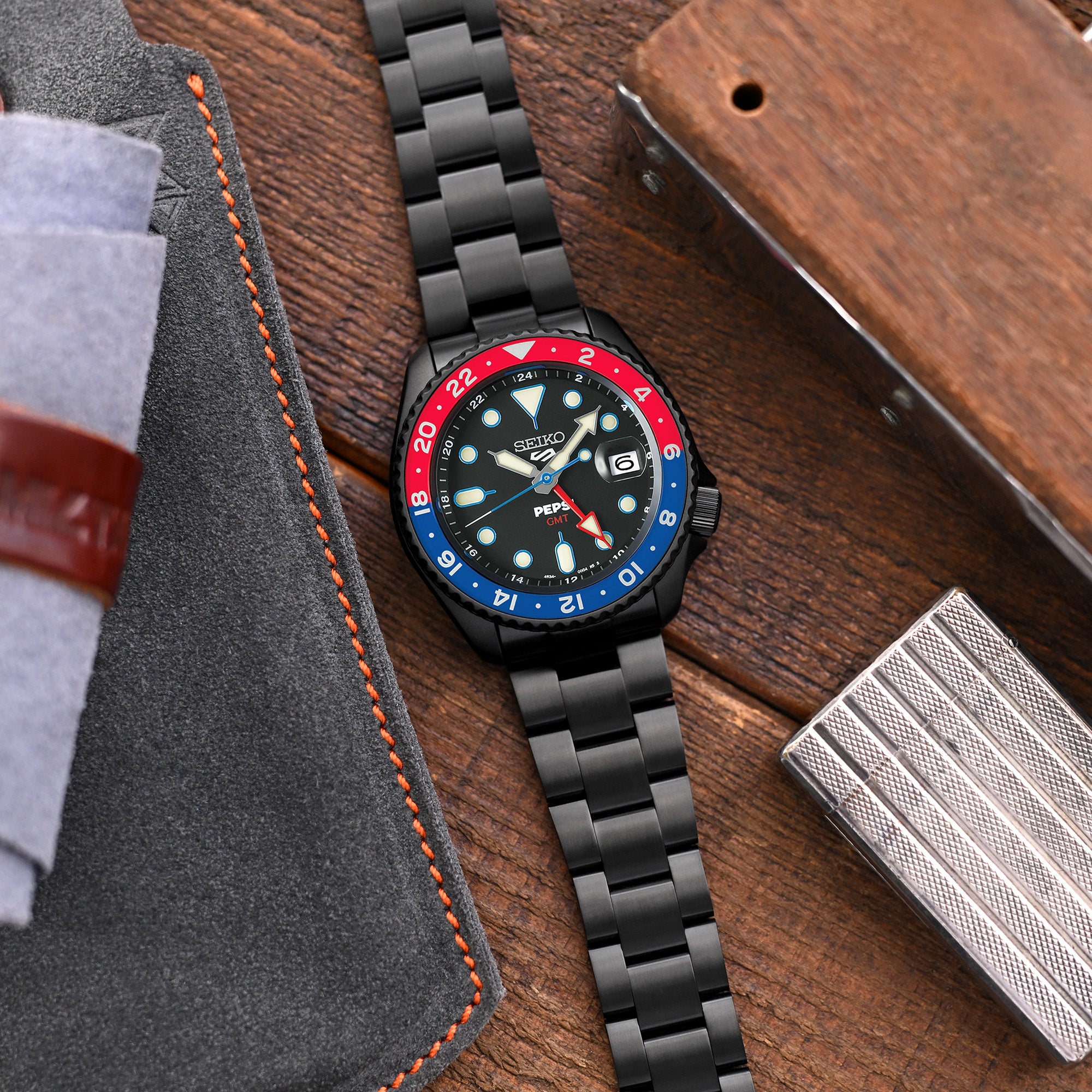 22mm Super-O Boyer Watch Band for Seiko 5 Sports 42.5mm SRPD79 SBSA025, Stainless Steel - Brushed (DLC) Black Coating, V Diver Clasp