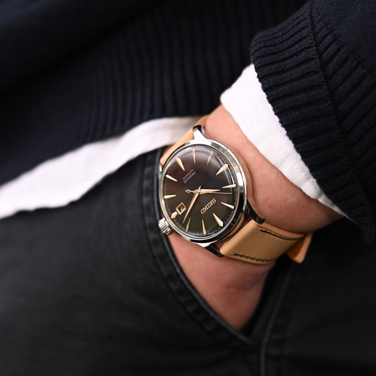 Q.R. 20mm Beige Leder-Uhrenarmband, konisch, mit waldgrüner Naht + Zermatt