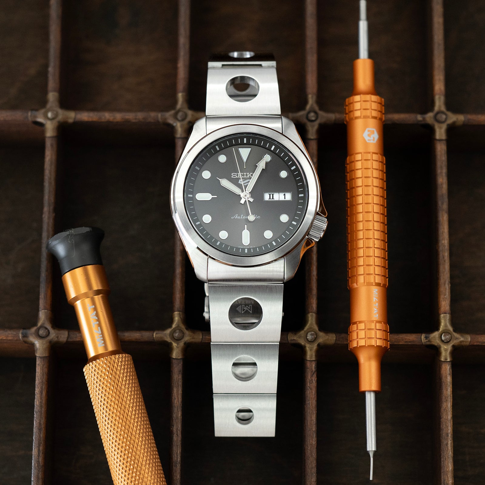 20mm Rollball II Watch Band for Seiko 5 Sports 40mm SRPE51 SRPE53 SRPG35, Stainless Steel - Brushed, Baton Diver Clasp