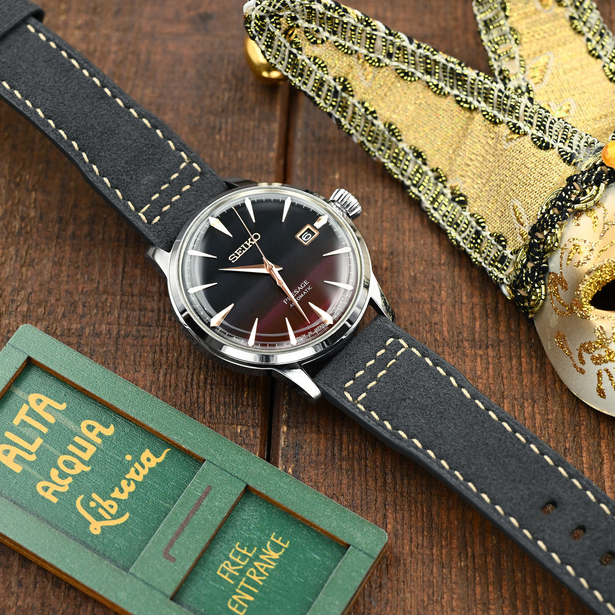 Charcoal Schwarzes Alcantara-Gewebe Schnellwechsel-Uhrenarmband, Beige Naht, 20mm, 21mm oder 22mm