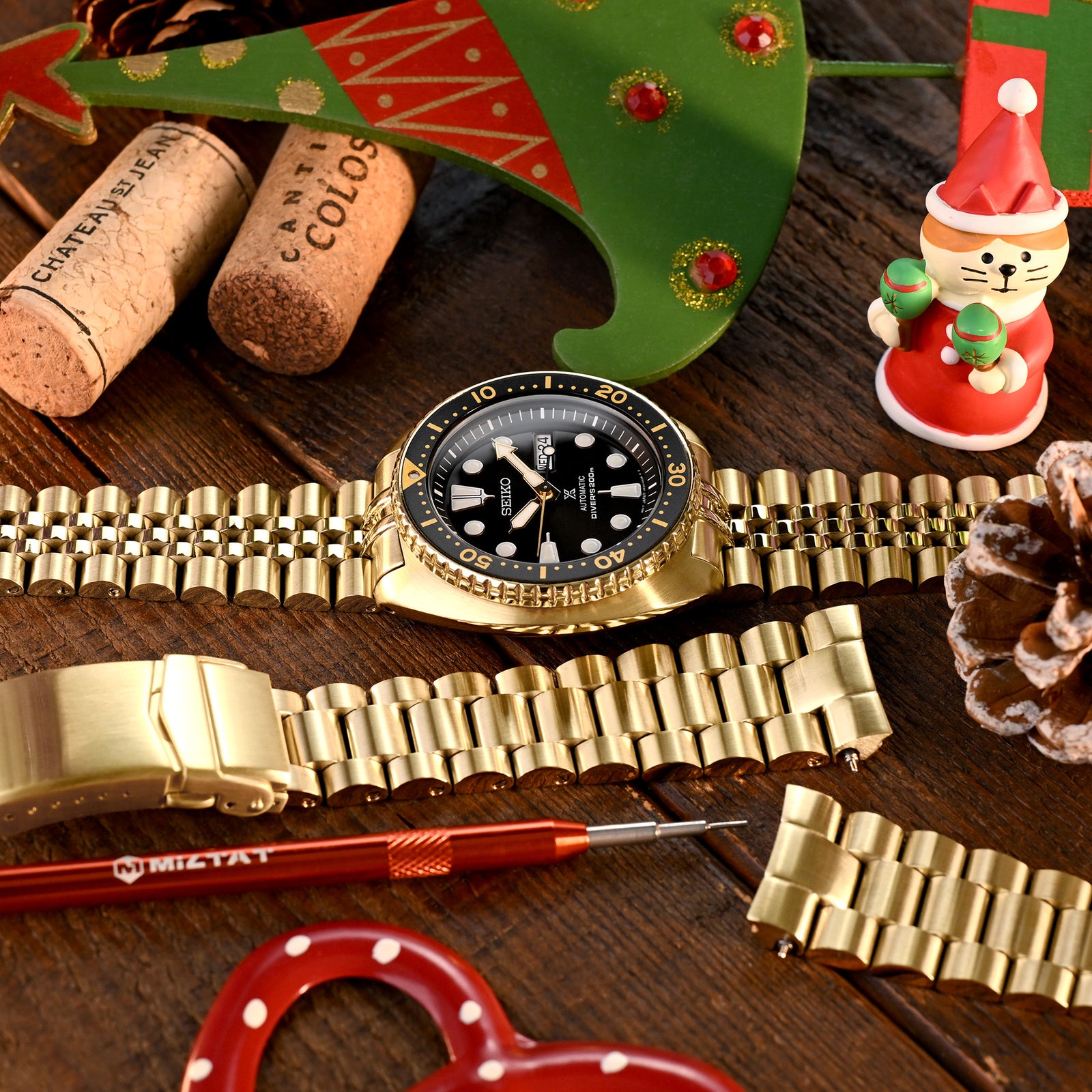 Cinturino 22mm Super-J Louis JUB per Seiko New Turtles SRP777 SRP775 SRPA21 (PADI), Acciaio Inox - Oro IP Completo, Maglie Centrali Lucide, Chiusura V Diver