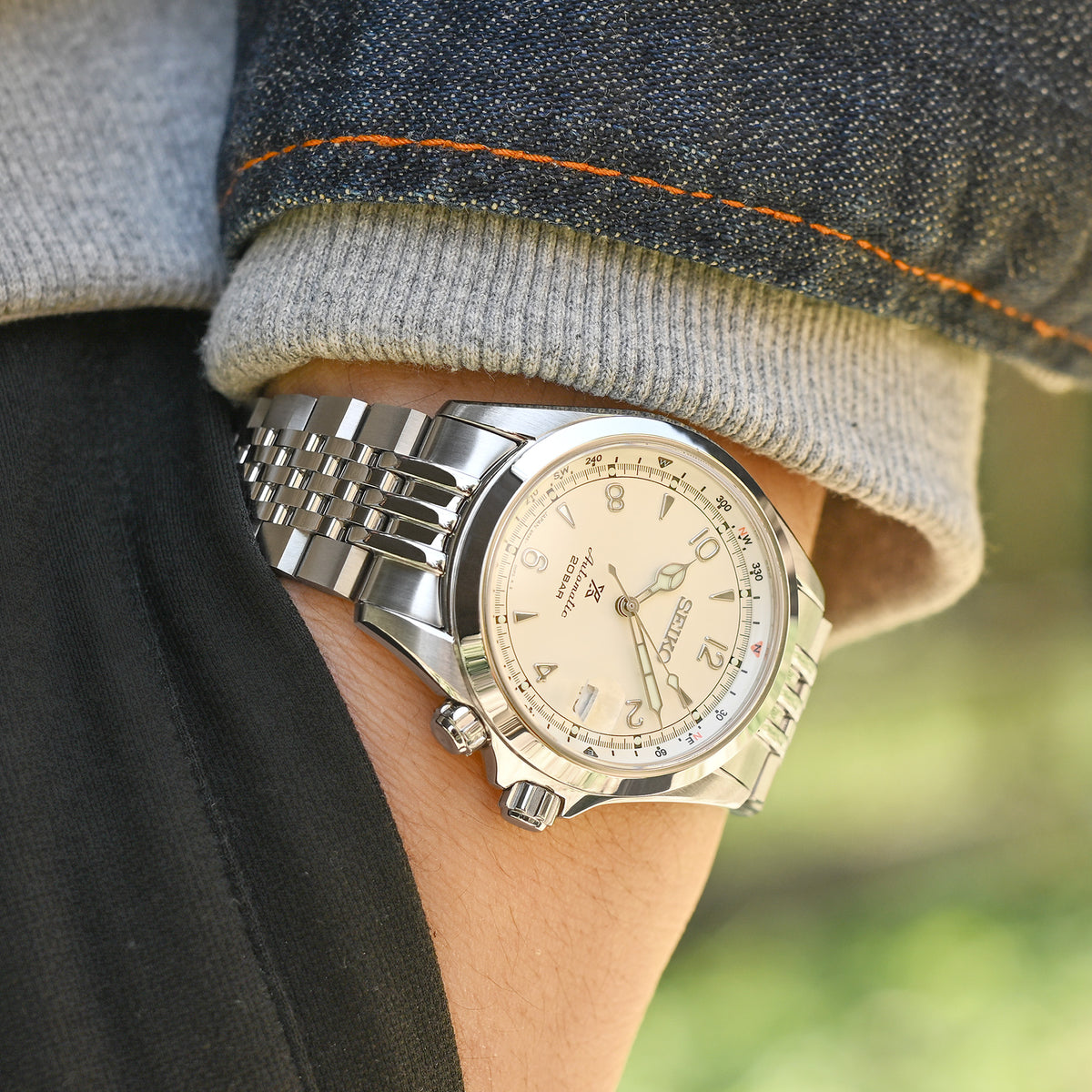 Bracelet Asteroid 20mm pour Seiko Alpinist SARB017 SPB155 SBEJ005 (compatible Hamilton Khaki H70455733), acier inoxydable - Maillons centraux polis, boucle V Diver