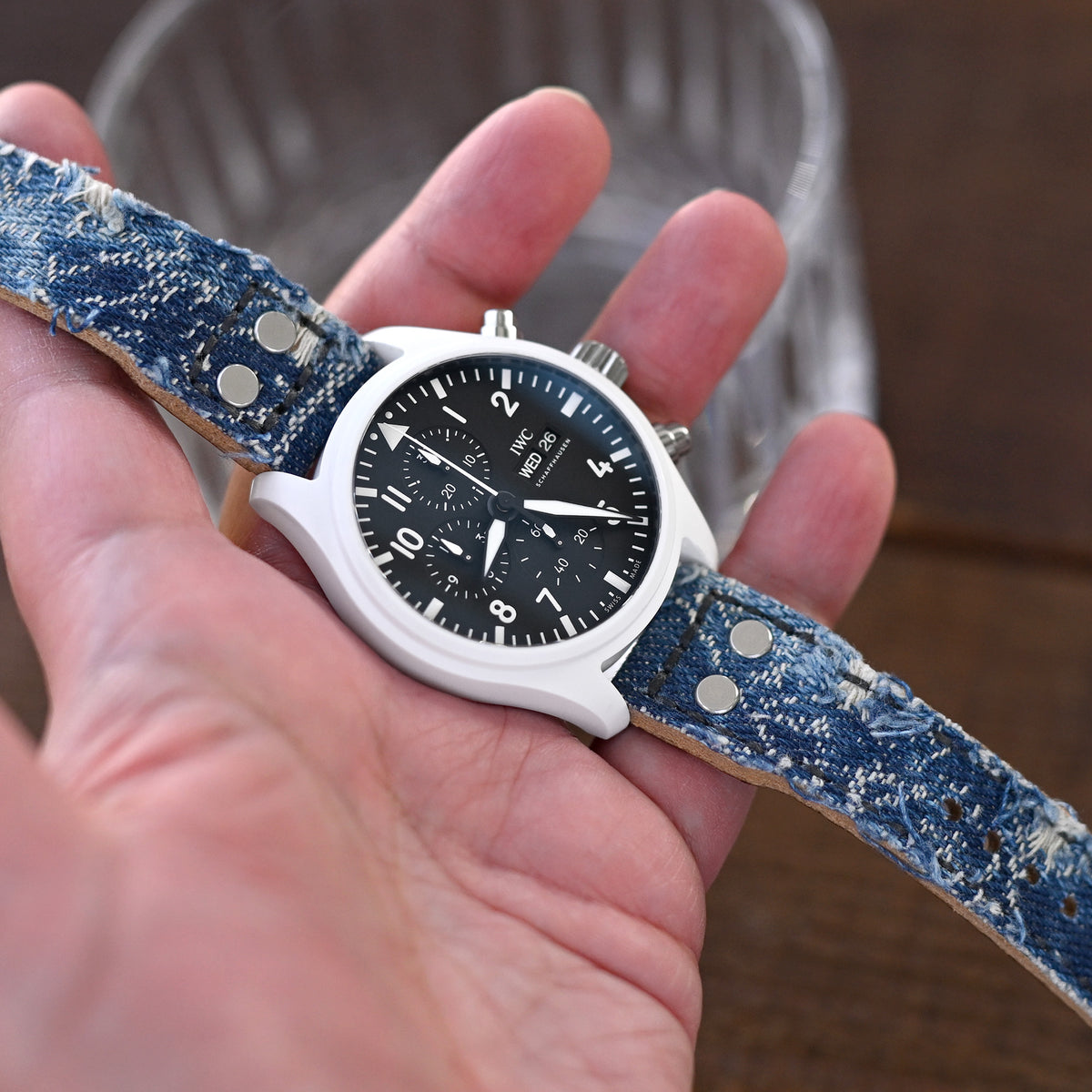 21mm, 22mm MiLTAT Stark Verwaschenes Blaues Denim-Uhrenarmband, Nieten-Militärarmband