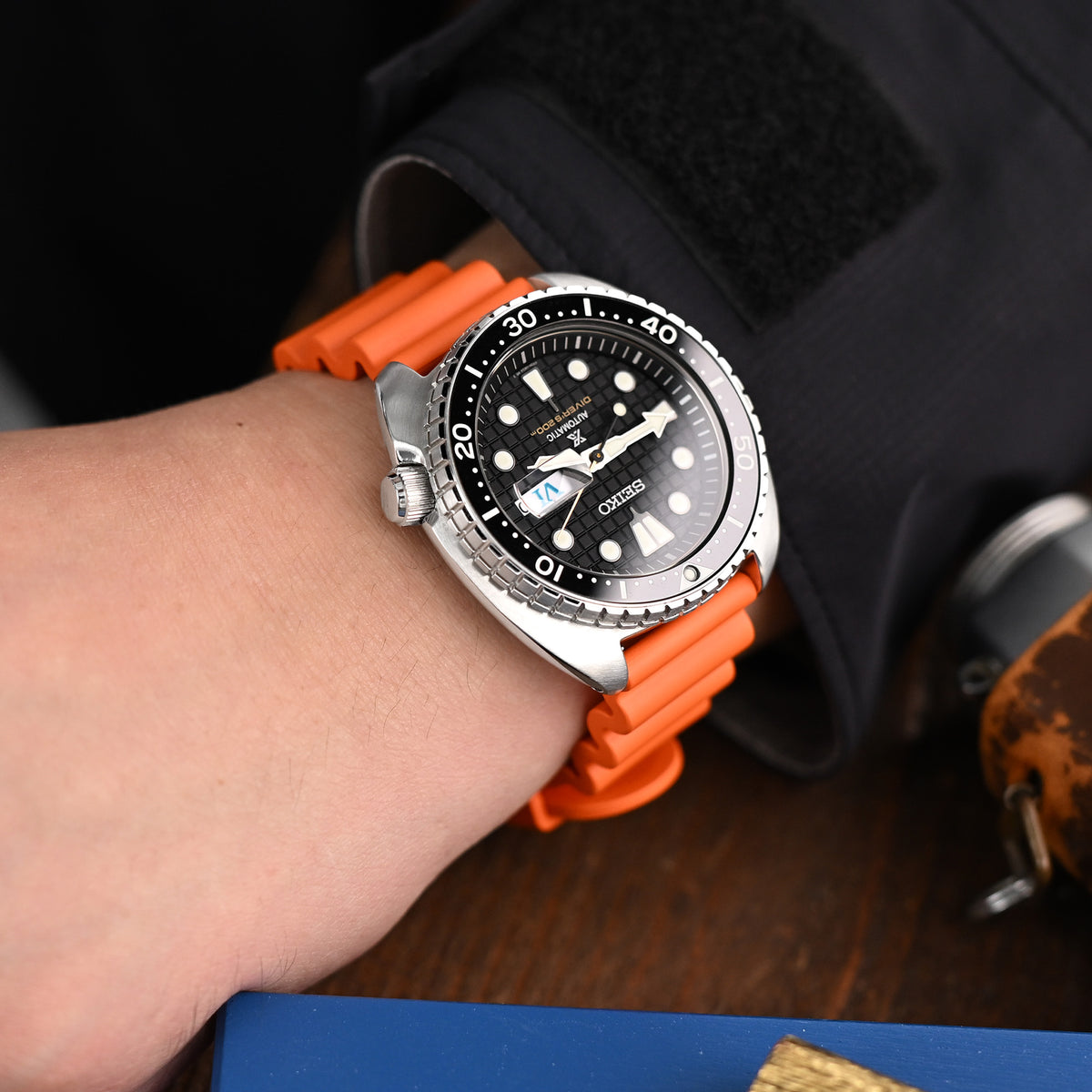 20mm or 22mm Quick Release Orange Diver FKM Rubber Strap, Brushed