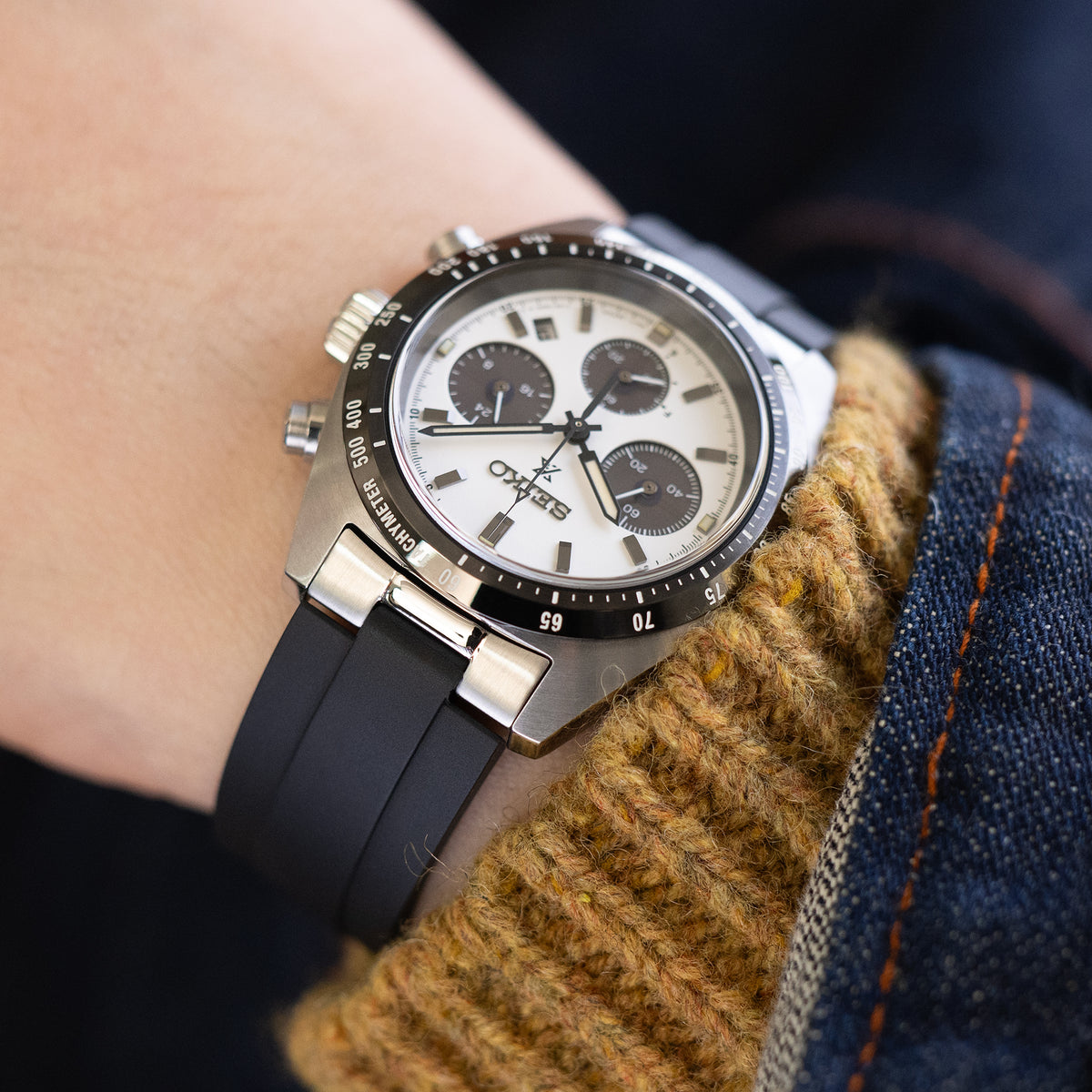 Bracelet en caoutchouc FKM noir 20mm Crafter Blue - MX03-813 avec maillons d’extrémité pour Seiko Speedtimer SSC813