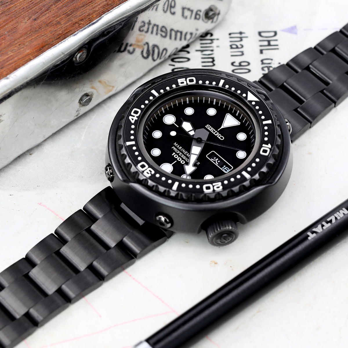 21.5mm Super-O Boyer Watch Band compatible with Seiko Tuna SBBN013, Diamond-like Carbon (DLC coating) 316L Stainless Steel V-Clasp