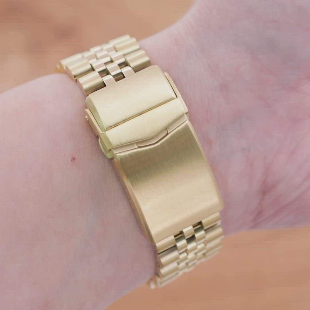 Bracelet montre Super-J Louis JUB 22mm pour Seiko New Turtles SRP777 SRP775 SRPA21 (PADI), acier inoxydable - IP or intégral, maillons centraux polis, fermoir V Diver