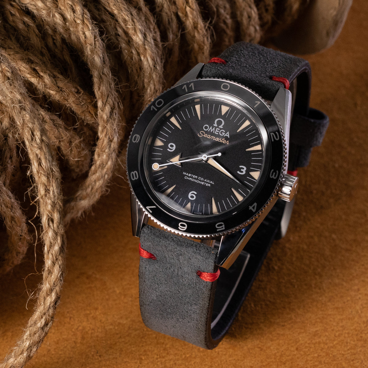 20mm, 21mm, 22mm MiLTAT Dark Grey Genuine Nubuck Leather Watch Strap, Red Stitching, PVD Buckle