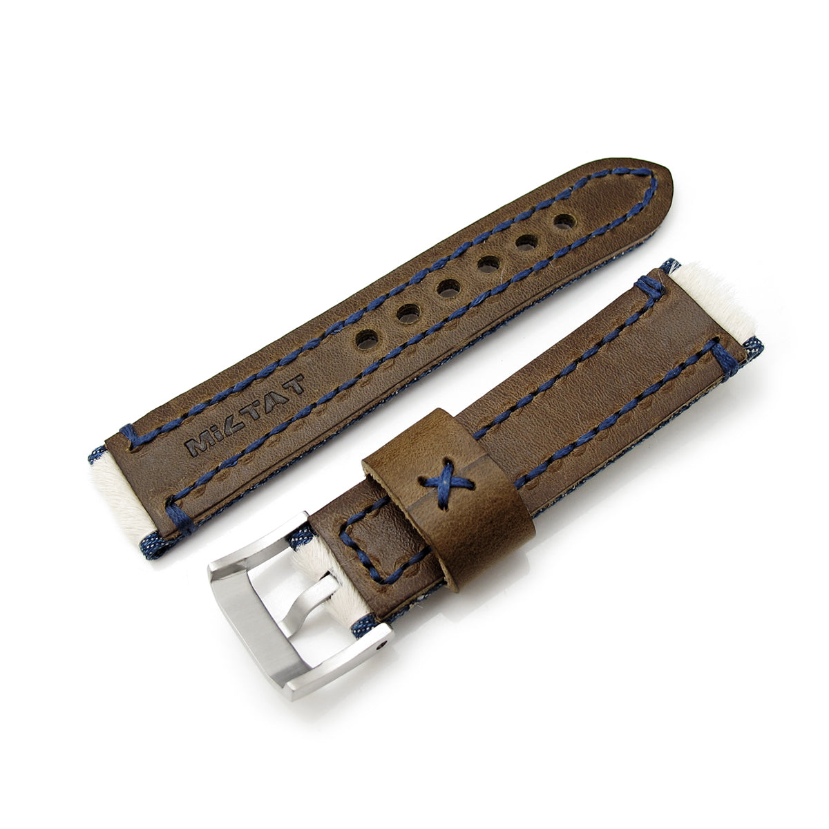 22mm MiLTAT Zizz Collection Beige Fur &amp; Calf Watch Strap Blue Wax Hand Stitching Strapcode Watch Bands