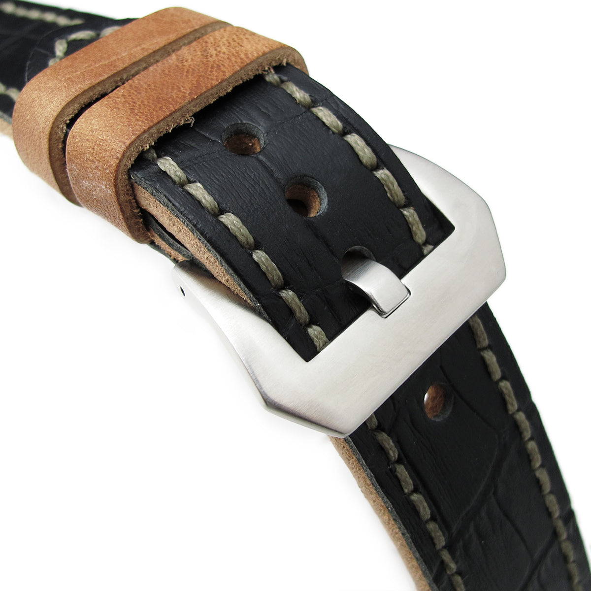 22mm MiLTAT Antipode Watch Strap Matte Black CrocoCalf in Grey Hand Stitches Strapcode Watch Bands