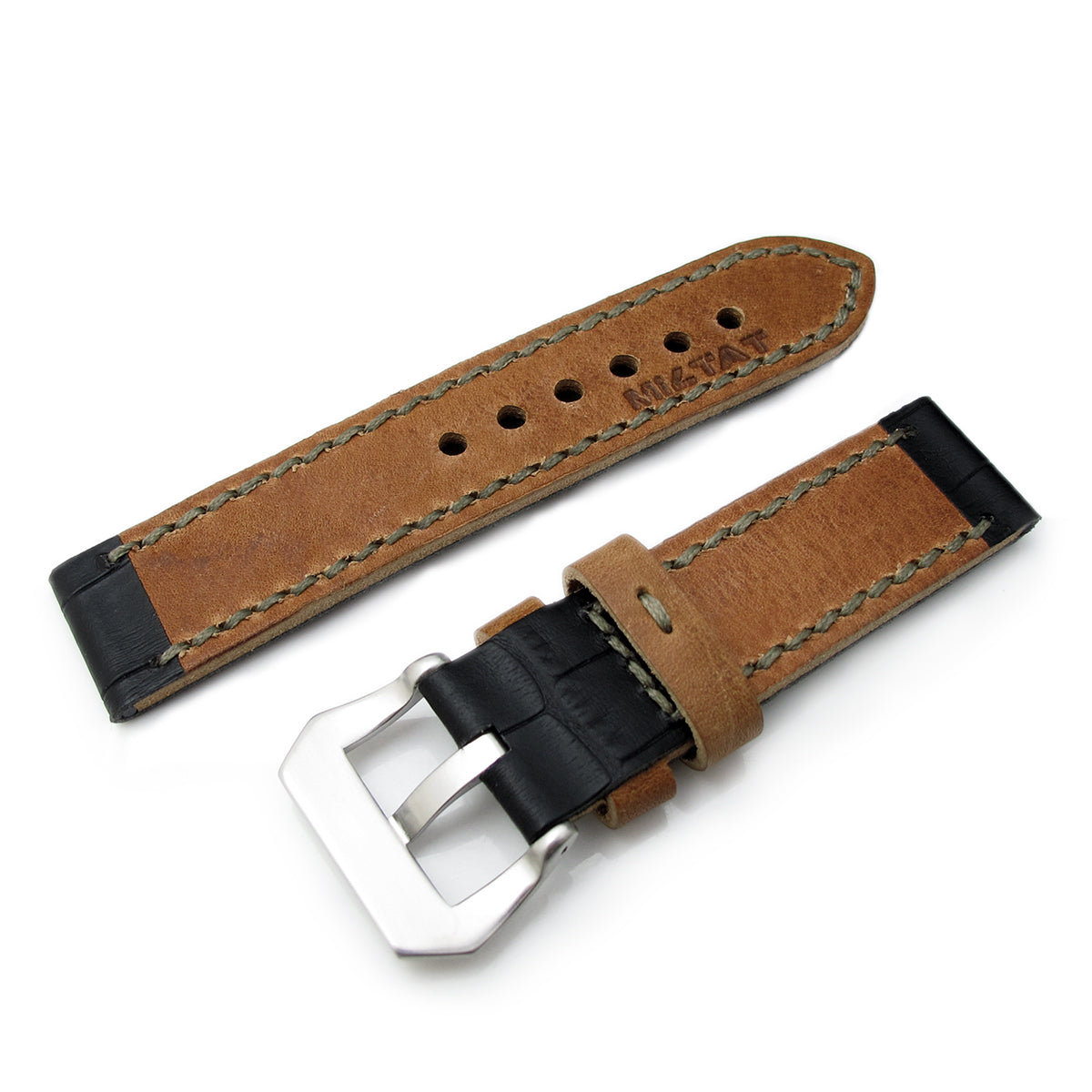22mm MiLTAT Antipode Watch Strap Matte Black CrocoCalf in Grey Hand Stitches Strapcode Watch Bands