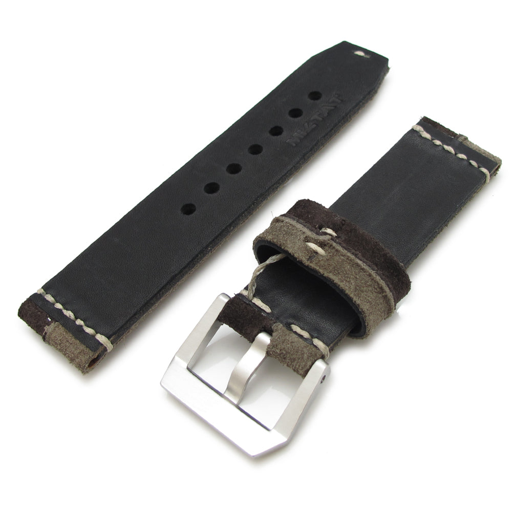 24mm MiLTAT Khaki + D Brown Ridge Design Suede watch strap Beige Hand Stitch Strapcode Watch Bands