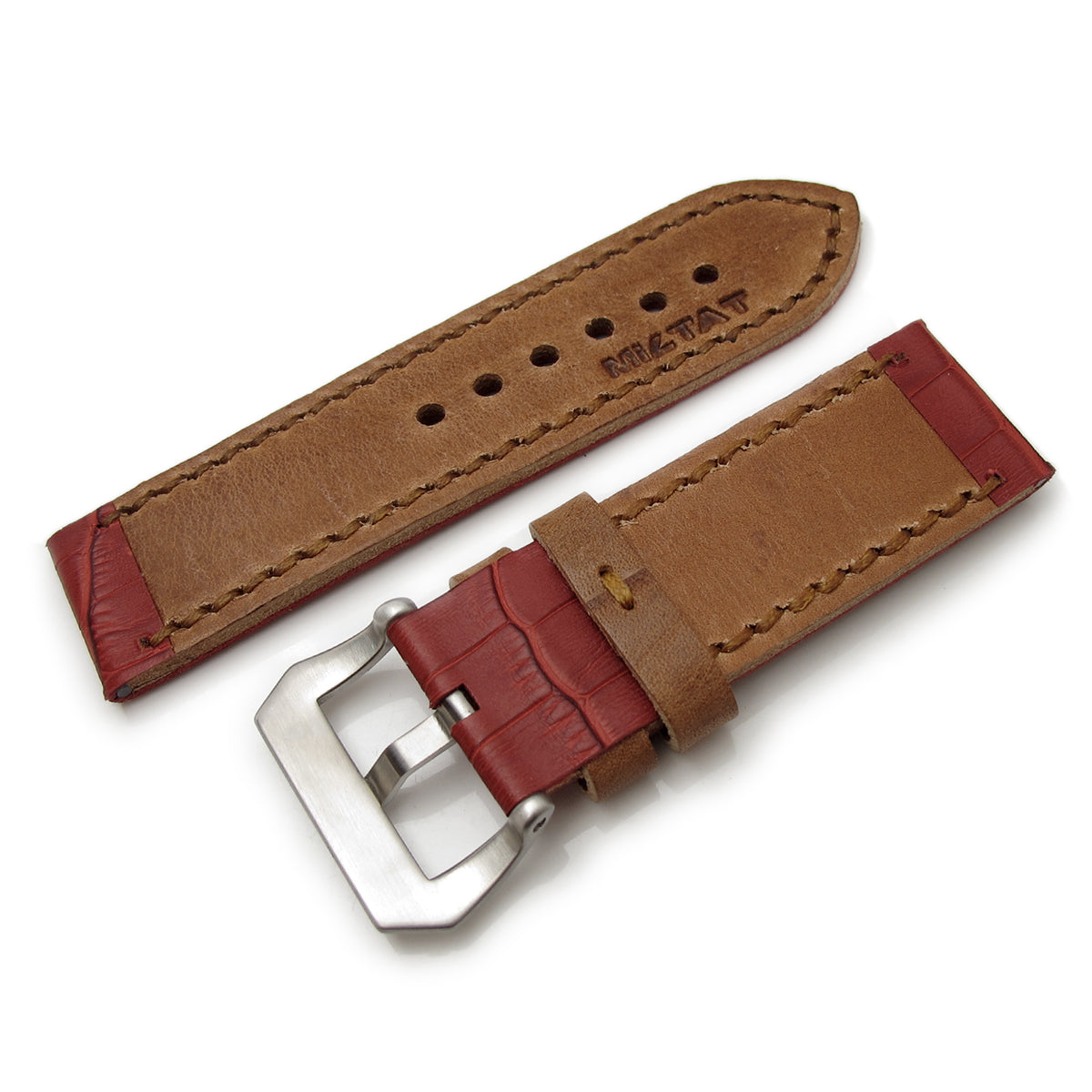 26mm MiLTAT Antipode Watch Strap Matte Red CrocoCalf in Tan Hand Stitches Strapcode Watch Bands