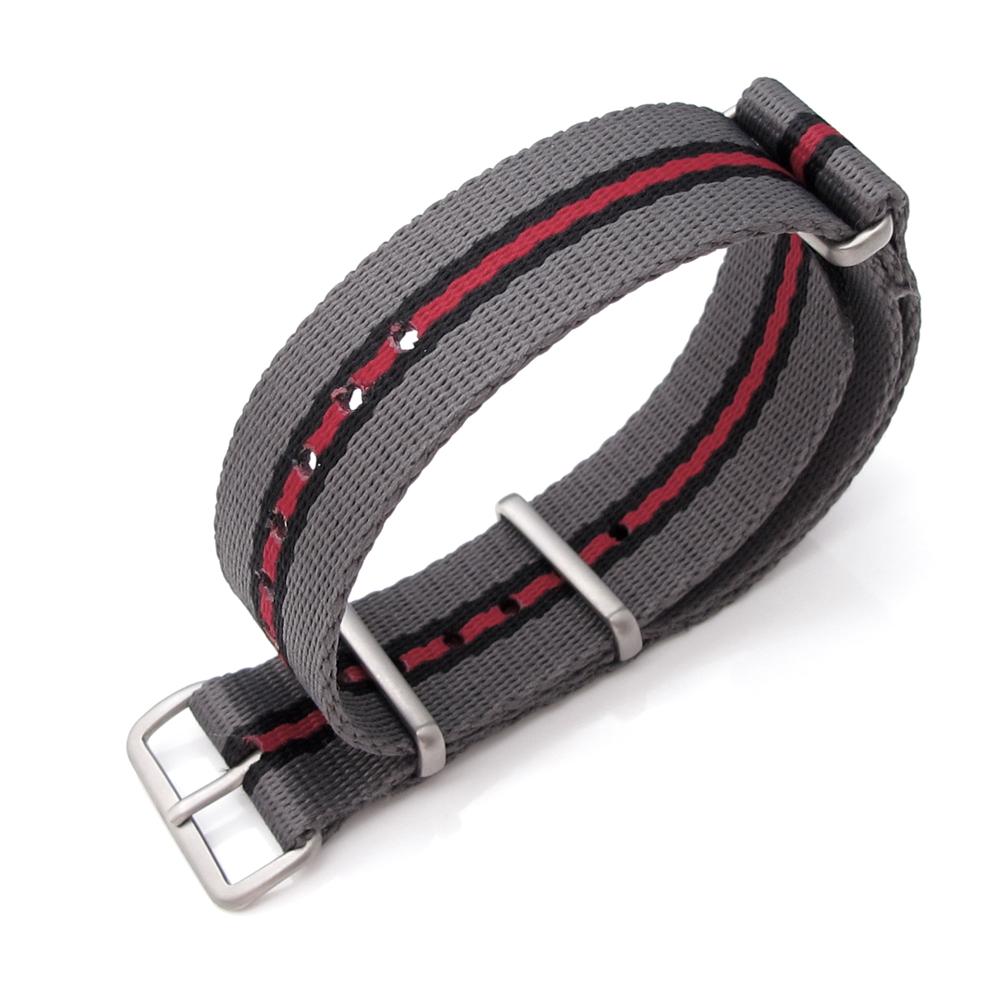 MiLTAT 20mm G10 watch strap ballistic nylon school look armband Grey Black & Red Brushed Strapcode Watch Bands