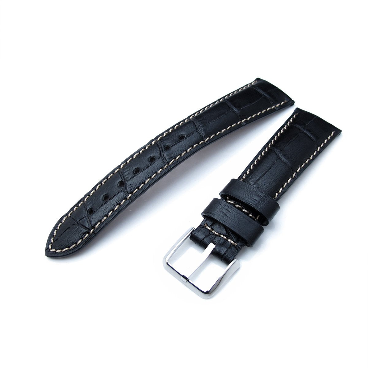 20mm or 22mm CrocoCalf (Croco Grain) Matte Black Semi-Curved Watch strap Beige Stitching Polished Buckle Strapcode Watch Bands