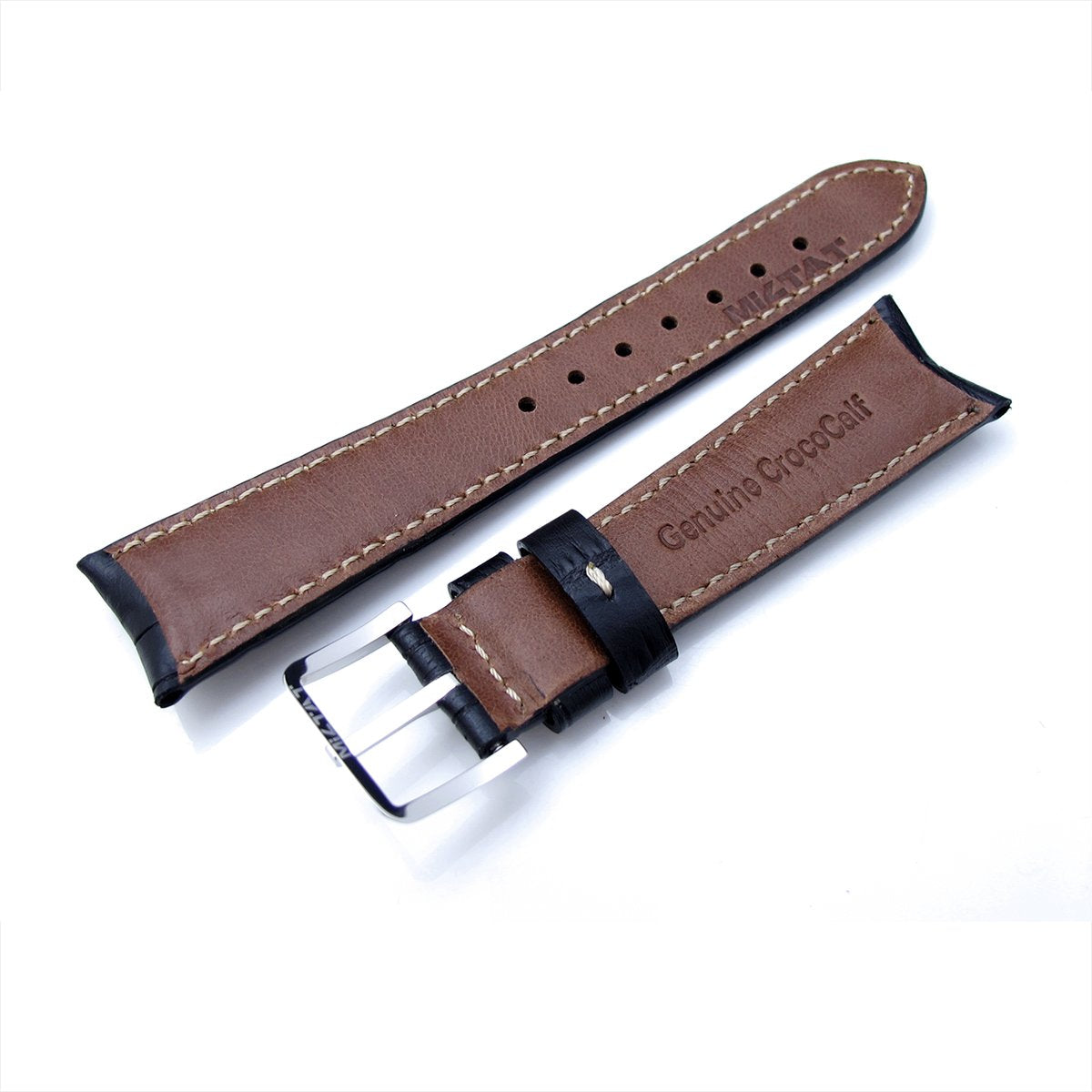 20mm or 22mm CrocoCalf (Croco Grain) Matte Black Semi-Curved Watch strap Beige Stitching Polished Buckle Strapcode Watch Bands