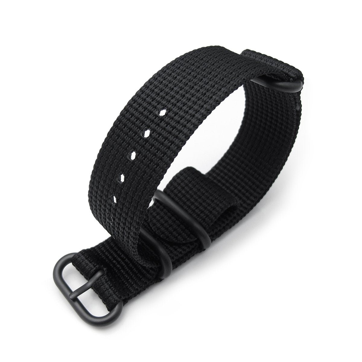 MiLTAT 3 Rings Zulu military watch strap 3D woven nylon armband Black PVD Black 18mm to 26mm Strapcode Watch Bands