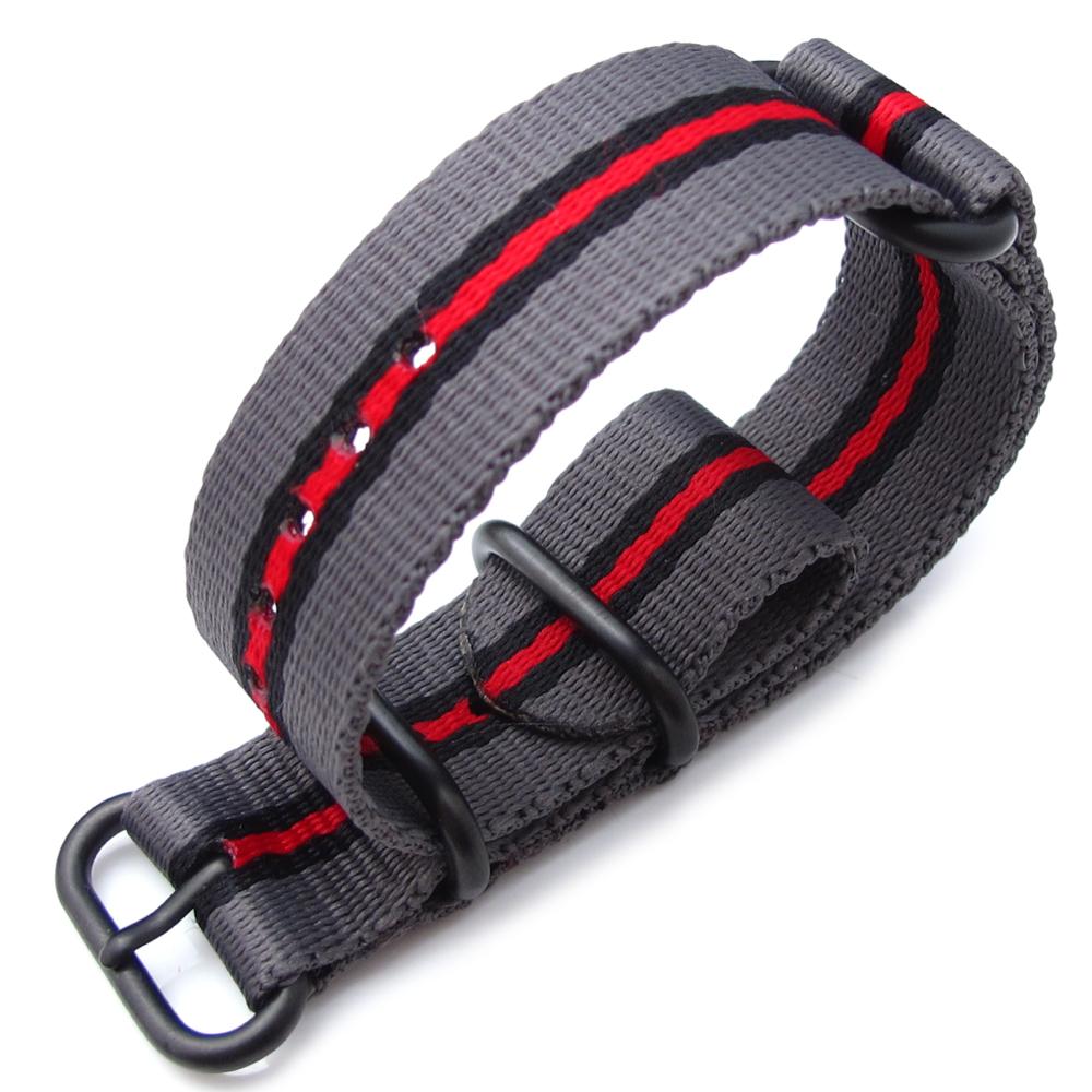 MiLTAT 20mm 22mm or 24mm 3 Rings Zulu JB military watch strap ballistic nylon armband Grey Black & Red PVD Black Hardware Strapcode Watch Bands