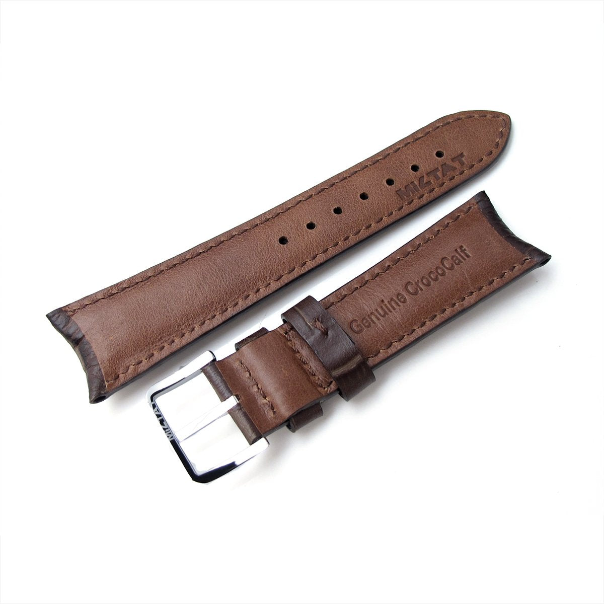 20mm 22mm CrocoCalf (Croco Grain) Matte Brown Semi-Curved Watch strap Brown Stitching P Strapcode Watch Bands