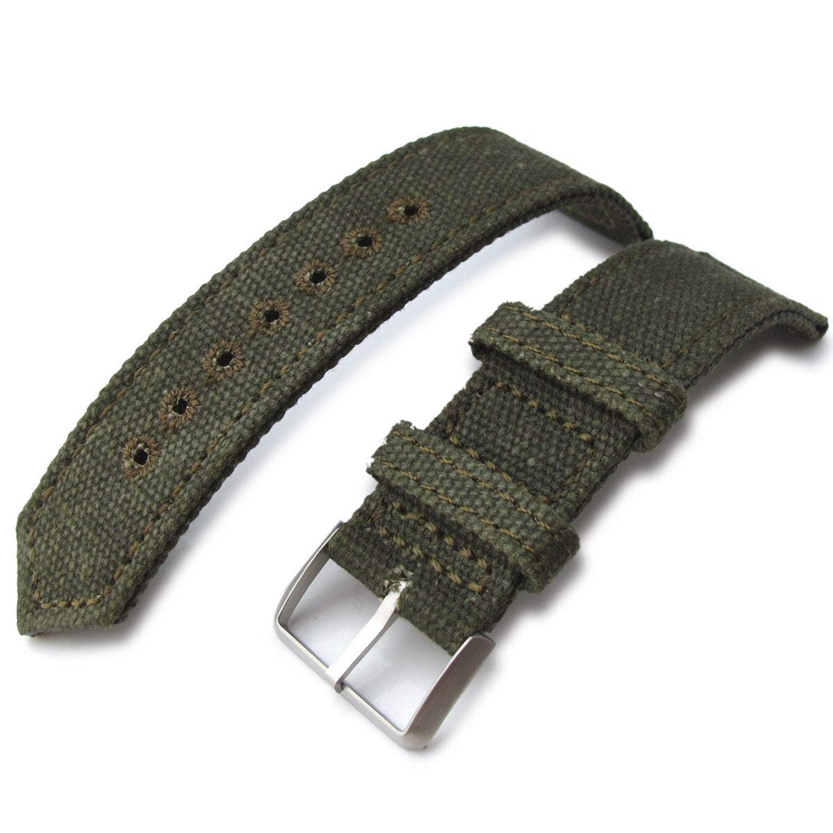 20mm 21mm or 22mm MiLTAT WW2 2-piece Military Green Washed Canvas Watch Band with lockstitch round hole Sandblasted Strapcode Watch Bands