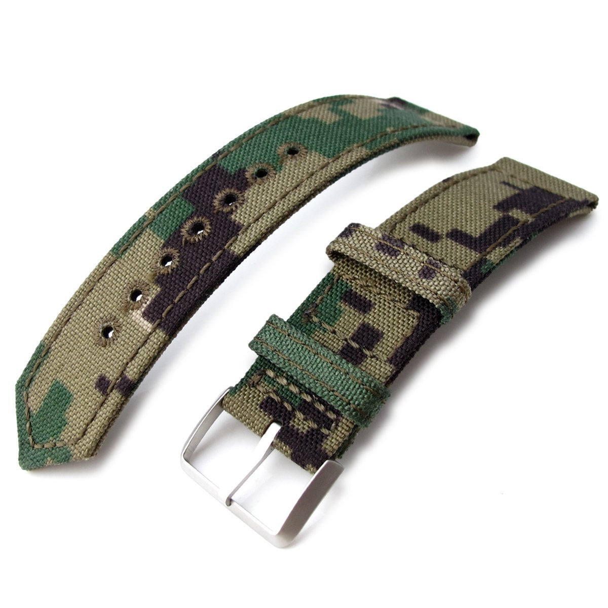 20mm 21mm or 22mm MiLTAT WW2 2-piece Woodland Camo Cordura 1000D Watch Band with lockstitch round hole Sandblasted Strapcode Watch Bands