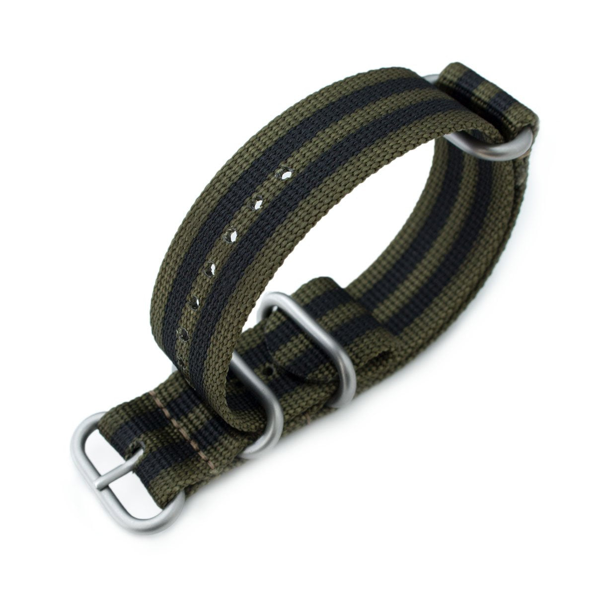 MiLTAT 22mm or 24mm 3 Rings G10 Zulu Watch Strap Ballistic Nylon Armband Forest Green & Black Stripes Sandblasted Buckle Strapcode Watch Bands