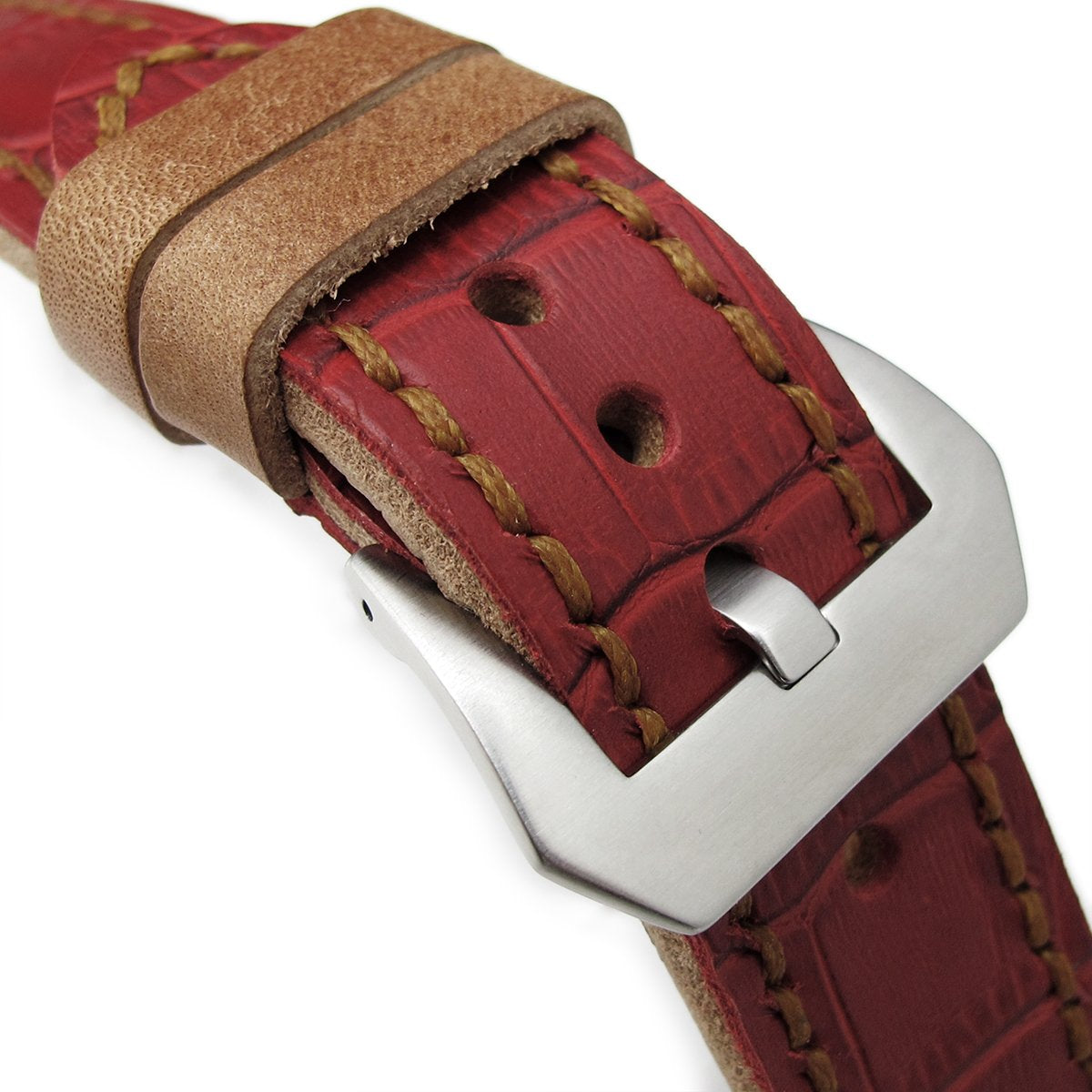 22mm MiLTAT Antipode Watch Strap Matte Red CrocoCalf in Tan Hand Stitches Strapcode Watch Bands