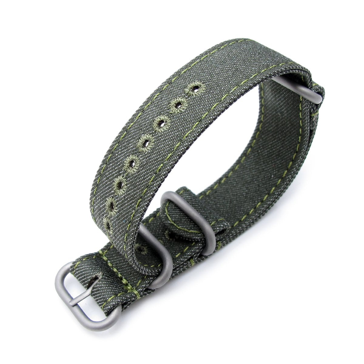 MiLTAT 20mm or 22mm Washed Canvas Zulu Military Green Double Thickness Watch Strap Lockstitch Hole Green Stitches Strapcode Watch Bands