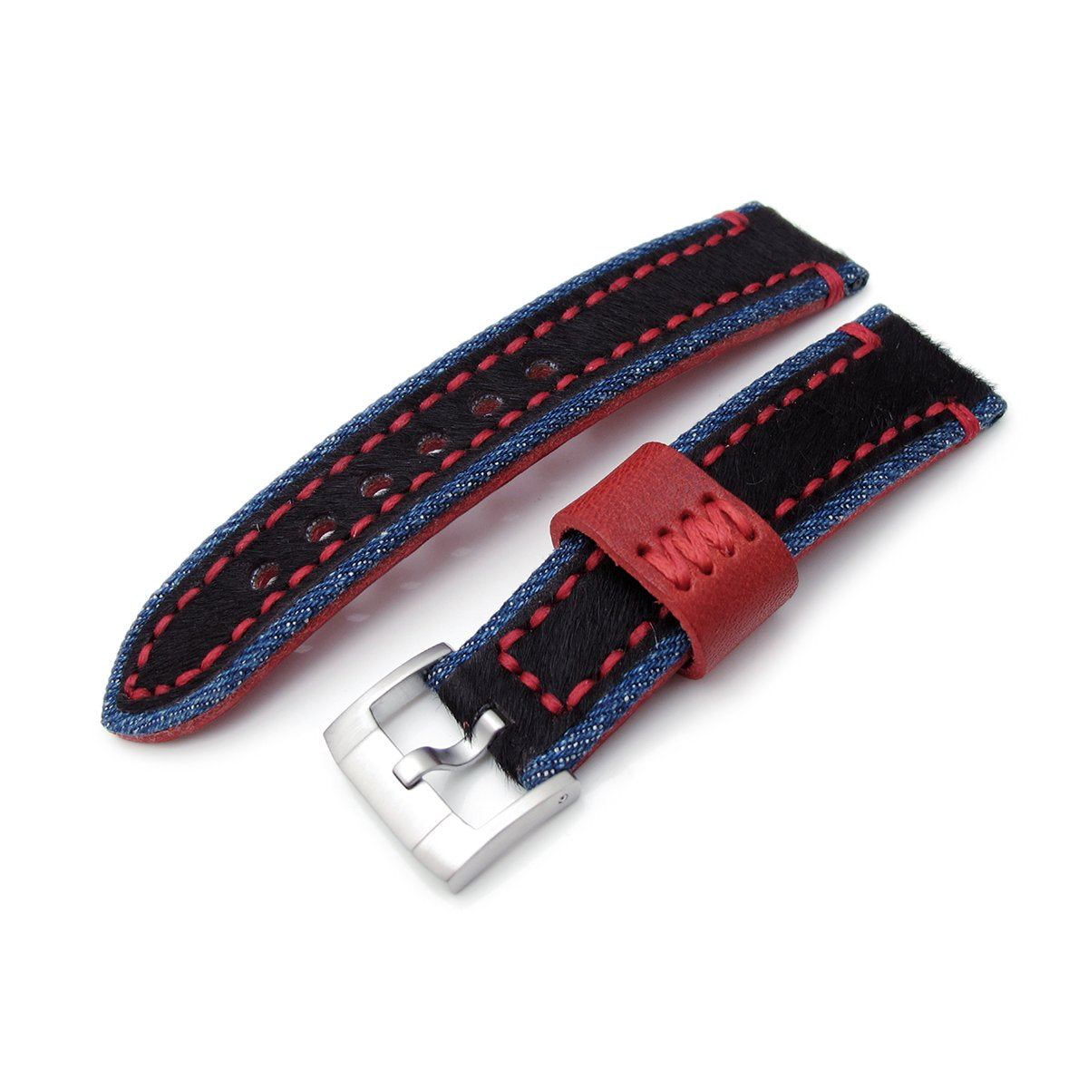 22mm MiLTAT Zizz Collection Brown Fur &amp; Calf Watch Strap Red Wax Hand Stitching Strapcode Watch Bands