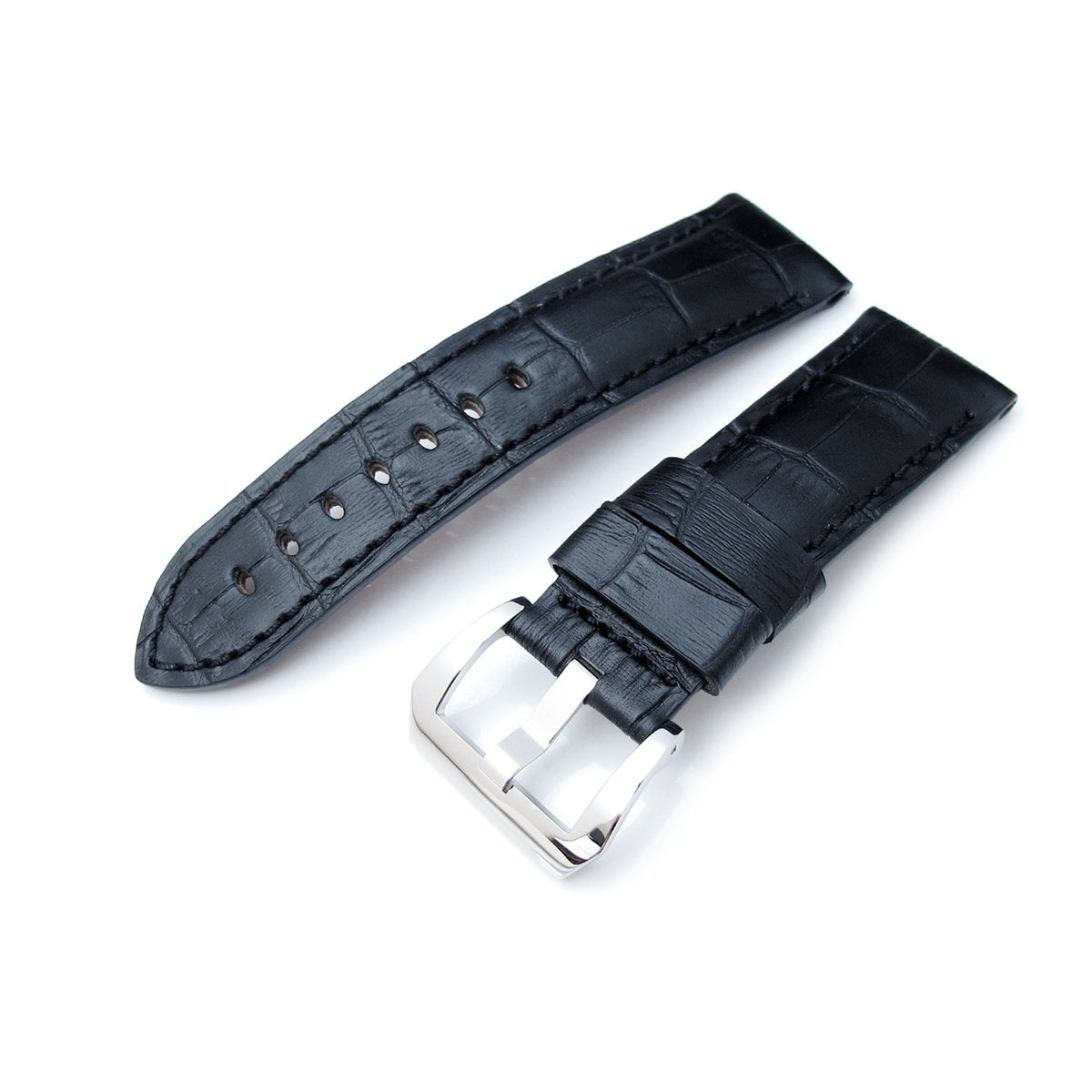 24mm CrocoCalf (Croco Grain) Matte Black Watch Strap with Black Stitches Polished Screw-in Buckle Strapcode Watch Bands