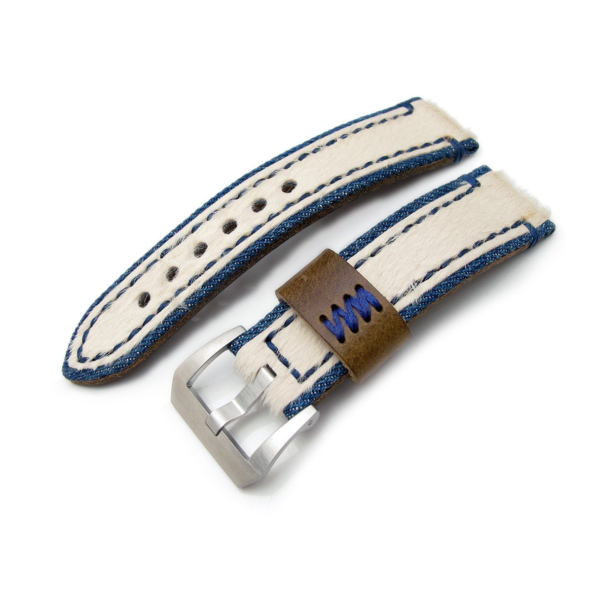 24mm MiLTAT Zizz Collection Beige Fur & Calf Watch Strap Blue Wax Hand Stitching Strapcode Watch Bands