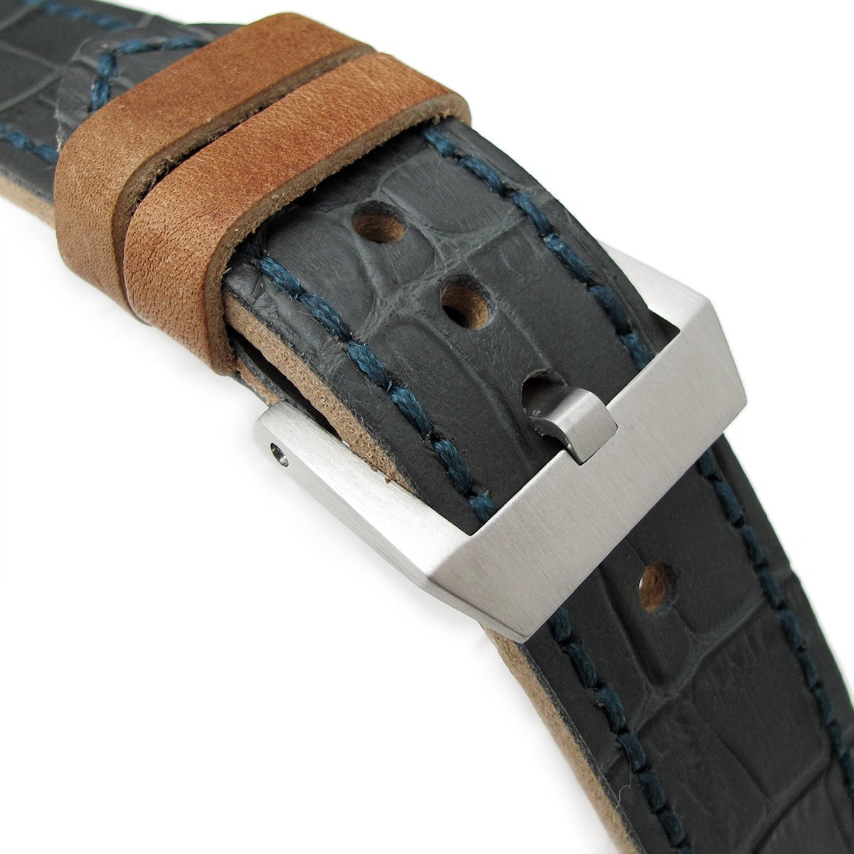 24mm MiLTAT Antipode Watch Strap Dark Grey CrocoCalf in Lake Blue Hand Stitches Strapcode Watch Bands