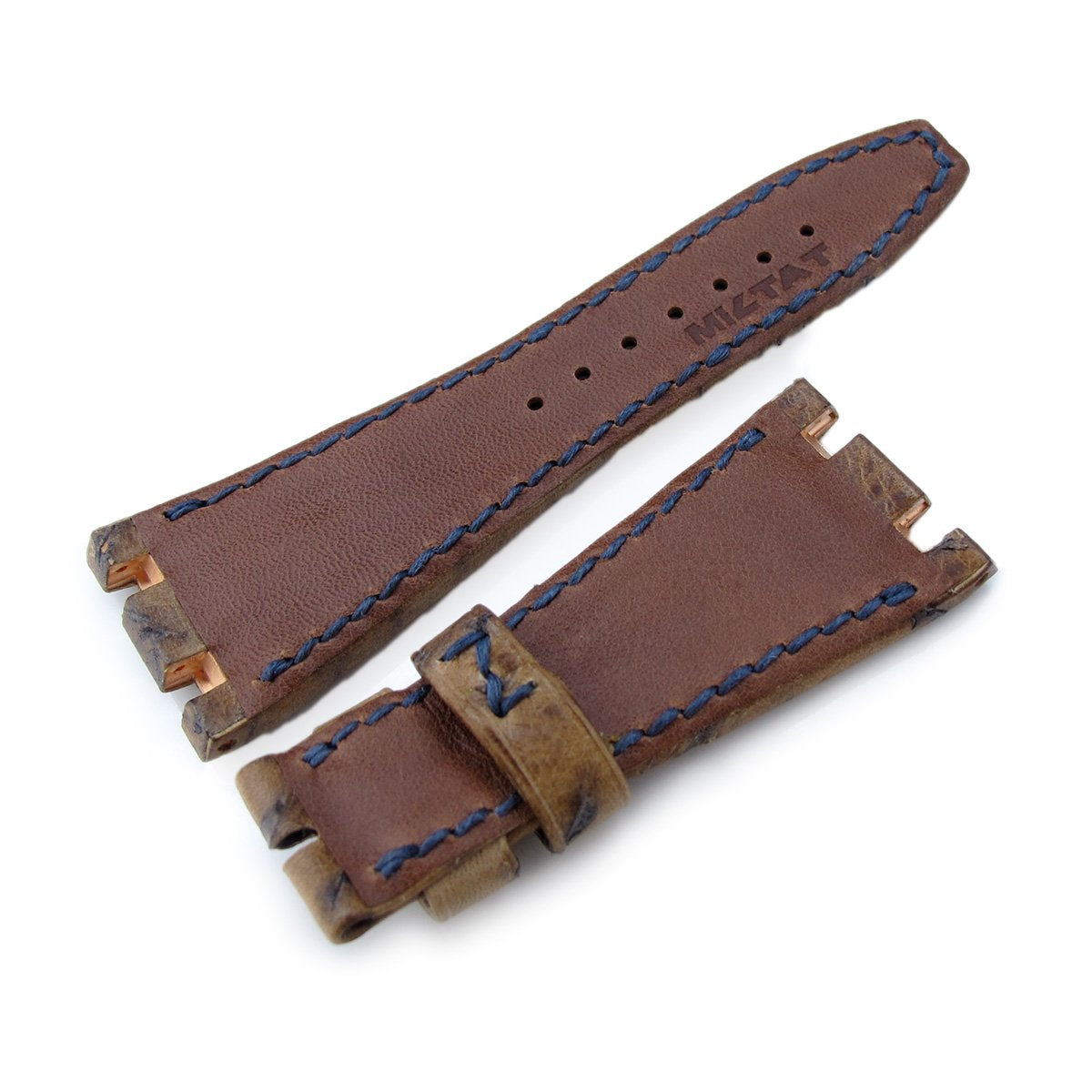 Heavy Scratch Brown Leather of Art Watch Strap Dark Navy Wax thread custom made for Audemars Piguet Royal Oak Offshore Strapcode Watch Bands