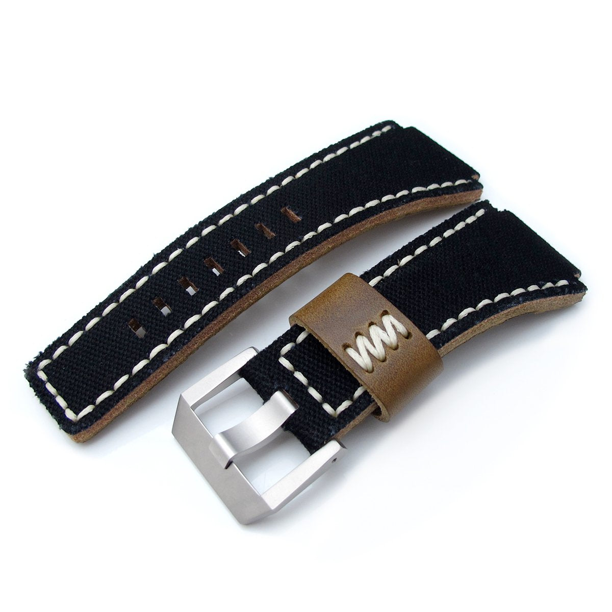 MiLTAT Black Canvas Bell &amp; Ross BR01 Type Replacement Watch Strap Beige Wax Stitching Strapcode Watch Bands