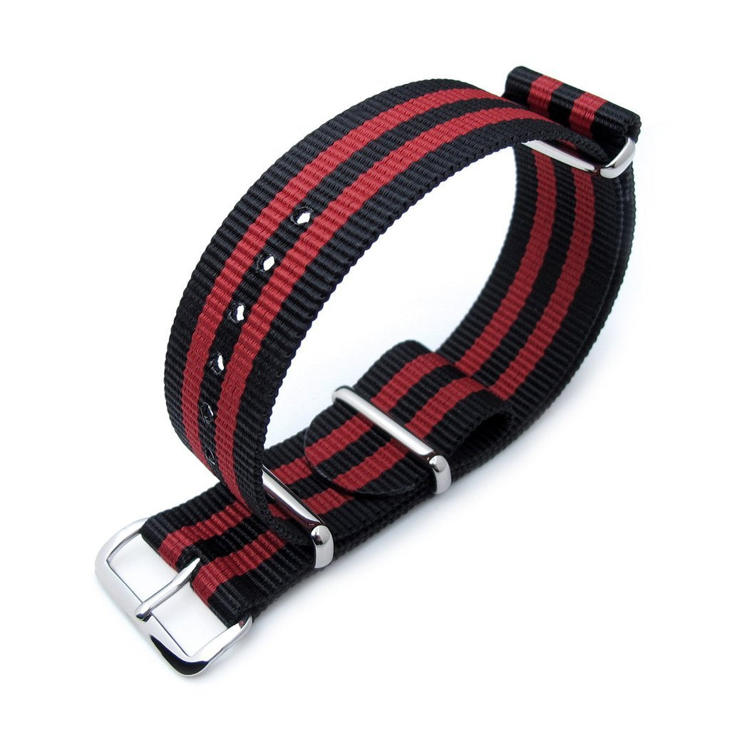 18mm or 22mm G10 Nato James Bond Heavy Nylon Strap Polished Buckle J03 Double Black &amp; Red Strapcode Watch Bands
