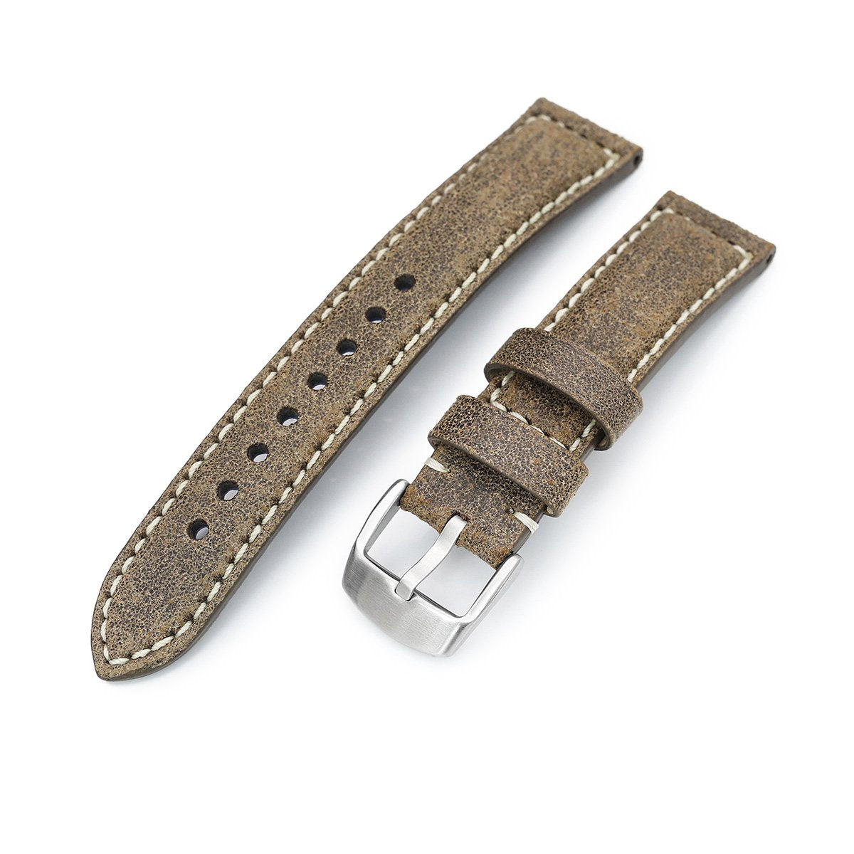 MiLTAT 20mm Genuine Olive Brown Distressed Leather Watch Strap Extra Soft Beige Stitching Strapcode Watch Bands