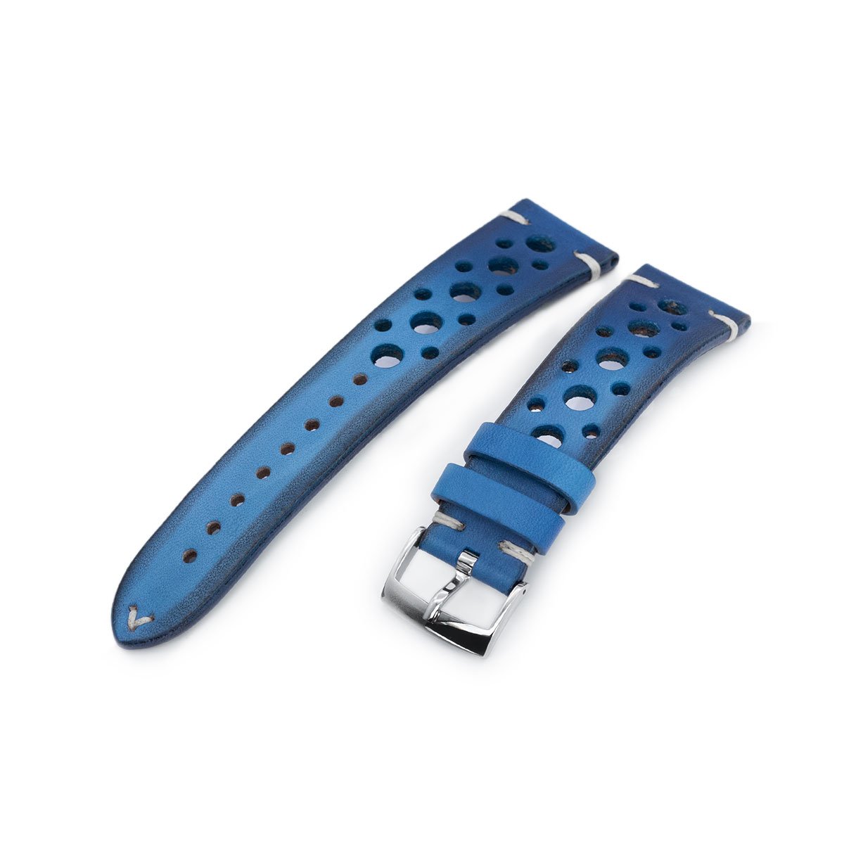 20mm or 22mm MiLTAT Italian Handmade Racer Vintage Blue Watch Strap White Stitching Strapcode Watch Bands