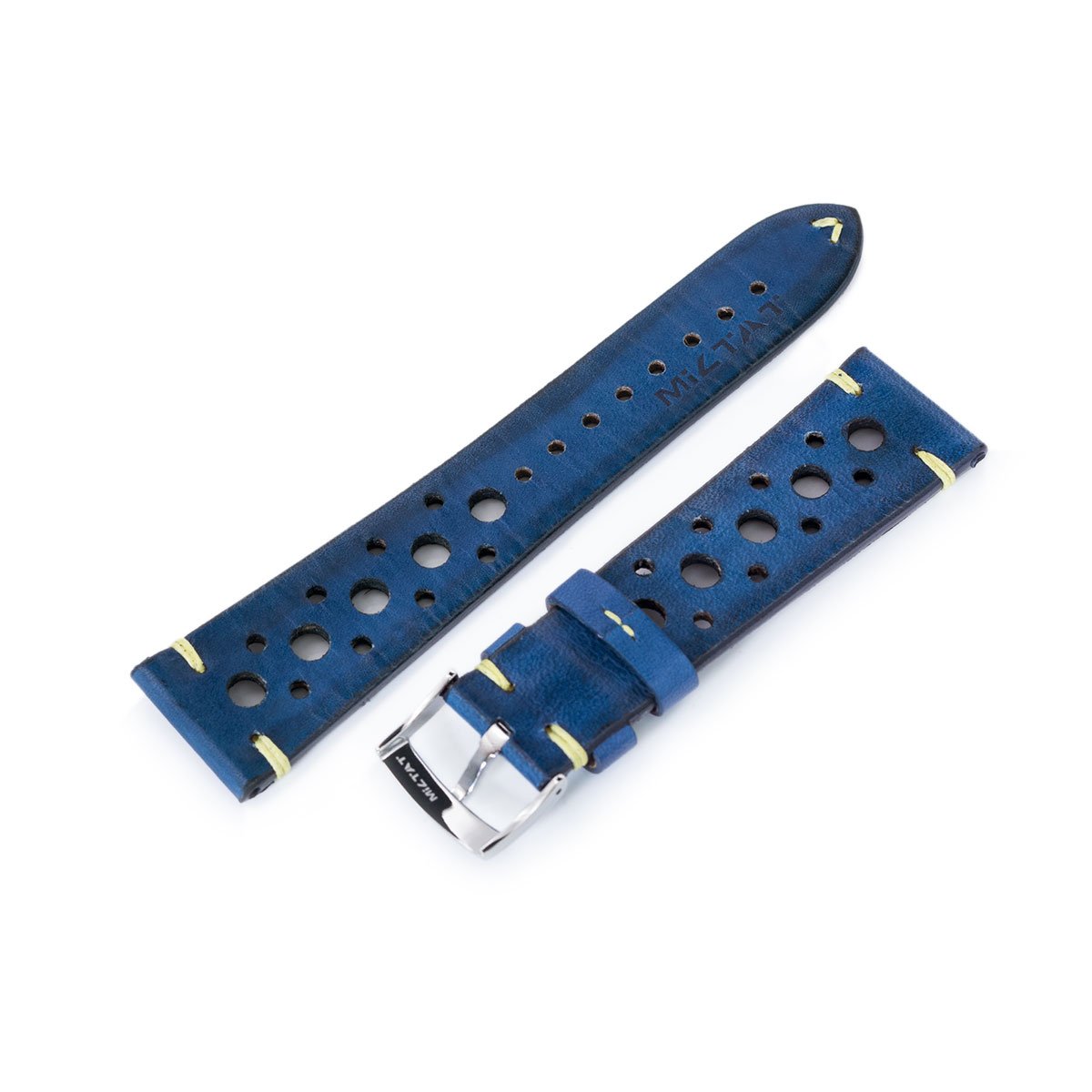 20mm or 22mm MiLTAT Italian Handmade Racer Vintage Jeans Blue Watch Strap Yellow Stitching Strapcode Watch Bands