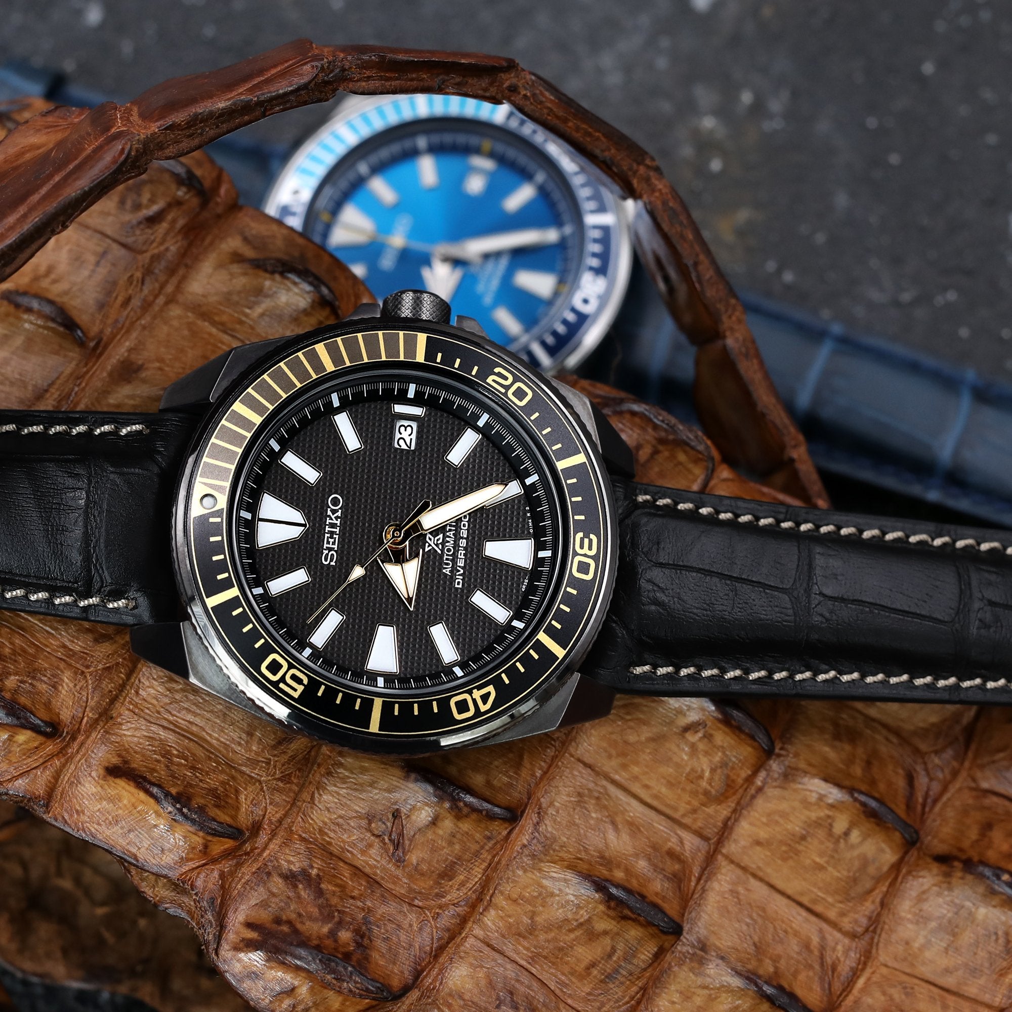 Seiko Samurai Prospex Automatic Dive Watch SRPB55K1 PVD Black on 22mm Black semi-curved croco Strapcode Watch Bands