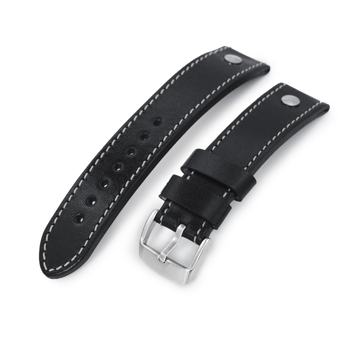 German made 22mm Sturdy Semi-gloss Black Saddle Leather with Rivet Watch Band Brushed Strapcode Watch Bands