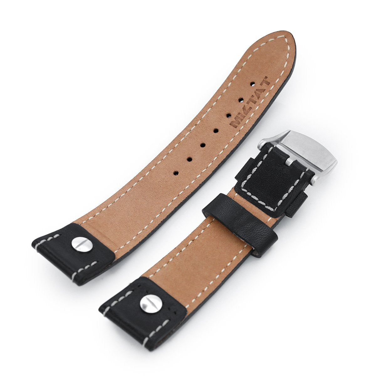 German made 22mm Sturdy Semi-gloss Black Saddle Leather with Rivet Watch Band Brushed Strapcode Watch Bands