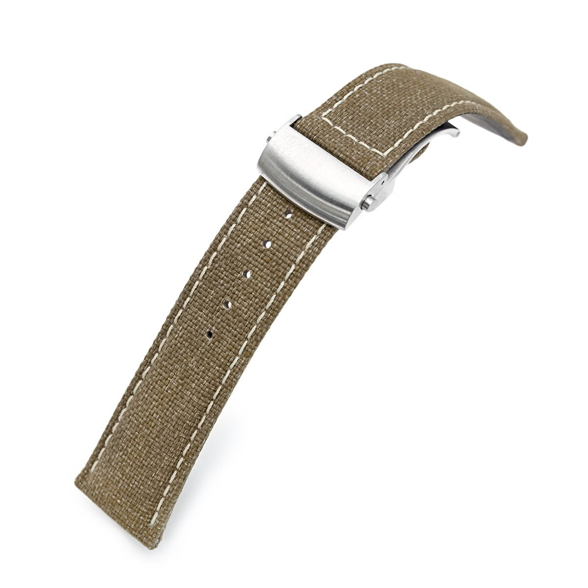 20mm or 22mm Khaki Canvas Watch Band Brushed Roller Deployant Buckle Beige Stitching Strapcode Watch Bands