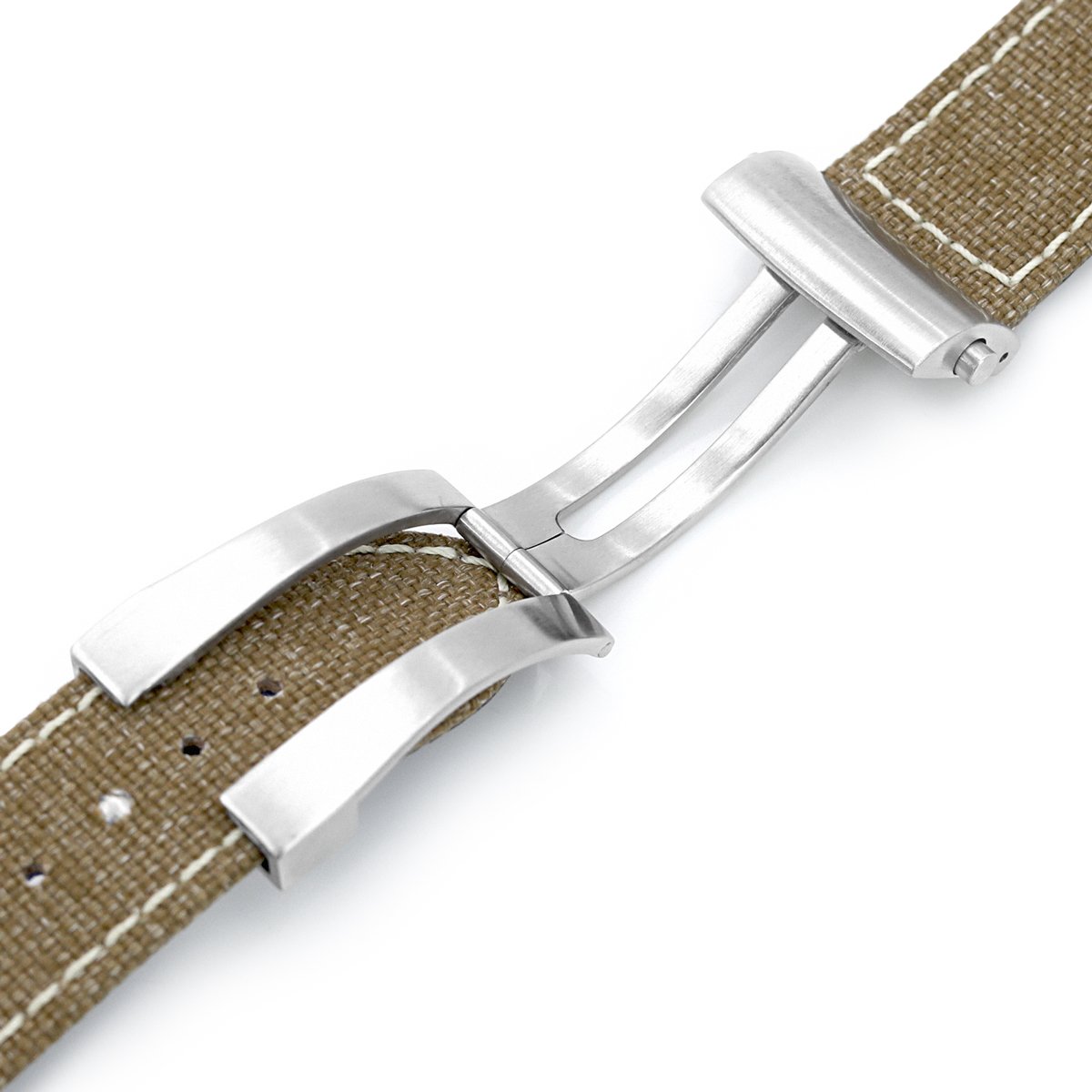 20mm or 22mm Khaki Canvas Watch Band Brushed Roller Deployant Buckle Beige Stitching Strapcode Watch Bands