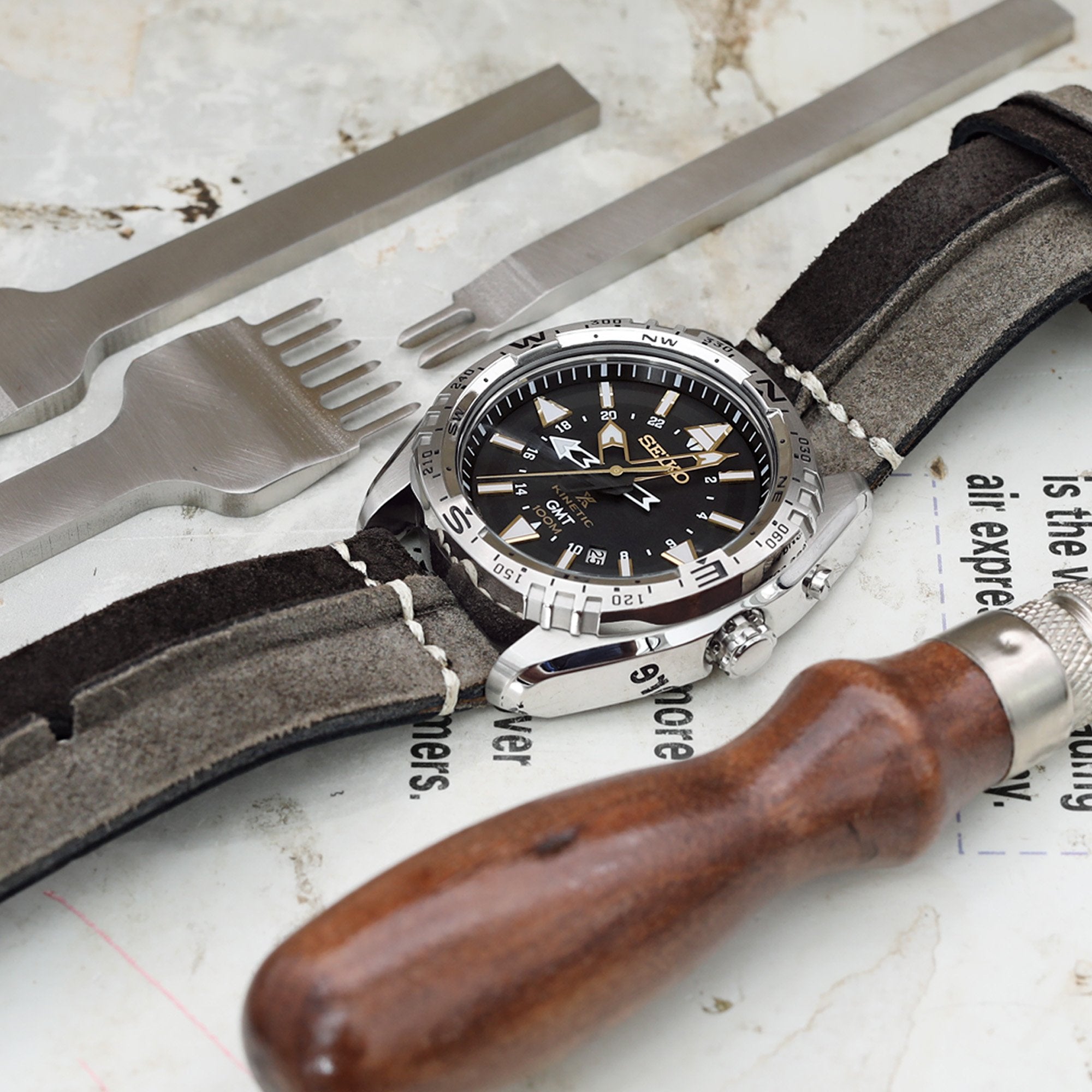 24mm MiLTAT Khaki + D Brown Ridge Design Suede watch strap Beige Hand Stitch Strapcode Watch Bands