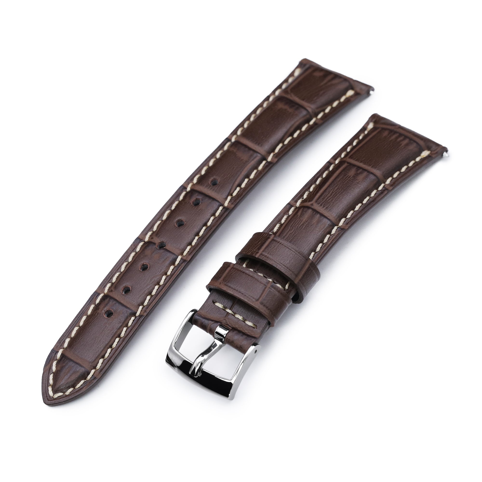 Q.R. 19mm or 21mm Dark Brown CrocoCalf (Croco Grain) Semi-Curved Watch Band, Beige Stitch. Strapcode Watch Bands