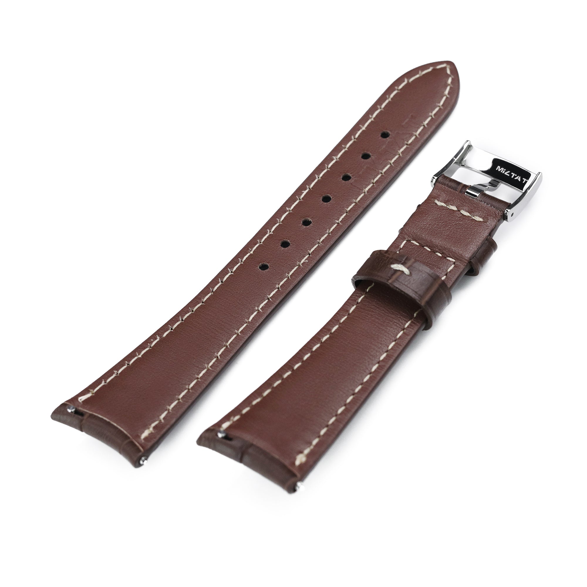 Q.R. 19mm or 21mm Dark Brown CrocoCalf (Croco Grain) Semi-Curved Watch Band, Beige Stitch. Strapcode Watch Bands