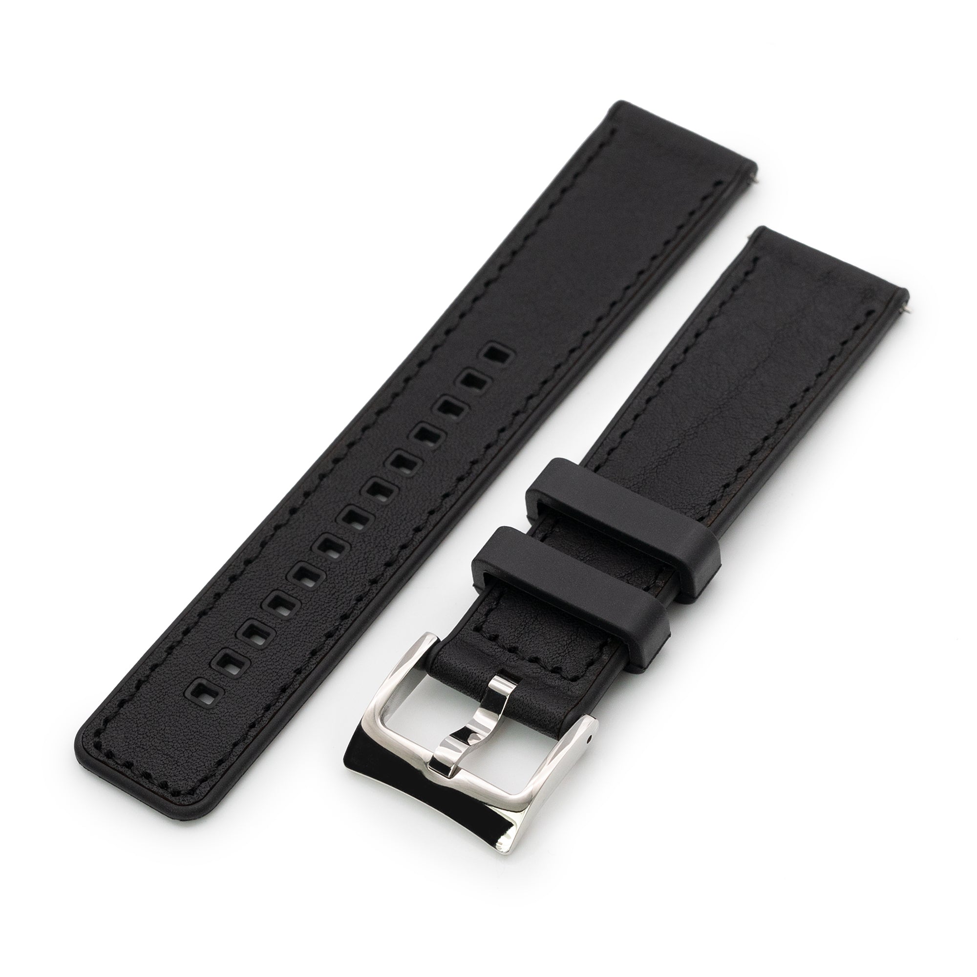 Black Quick Release Hybrid Leather FKM Rubber Watch Strap, 20mm or 22mm Strapcode Watch Bands