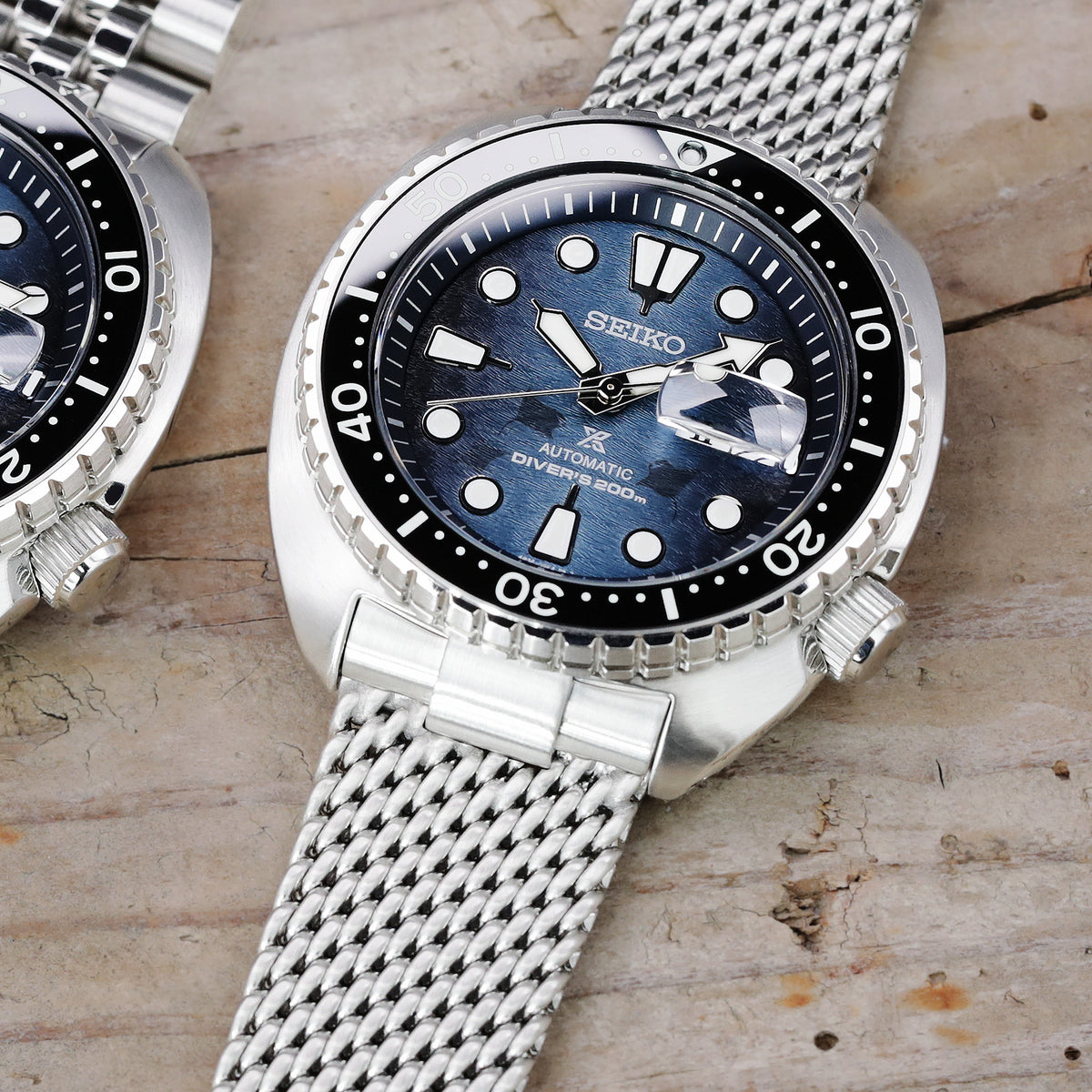 Bracelet montre Massy Mesh à extrémité courbée compatible avec Seiko nouvelles Turtles SRP777, V-Clasp, brossé