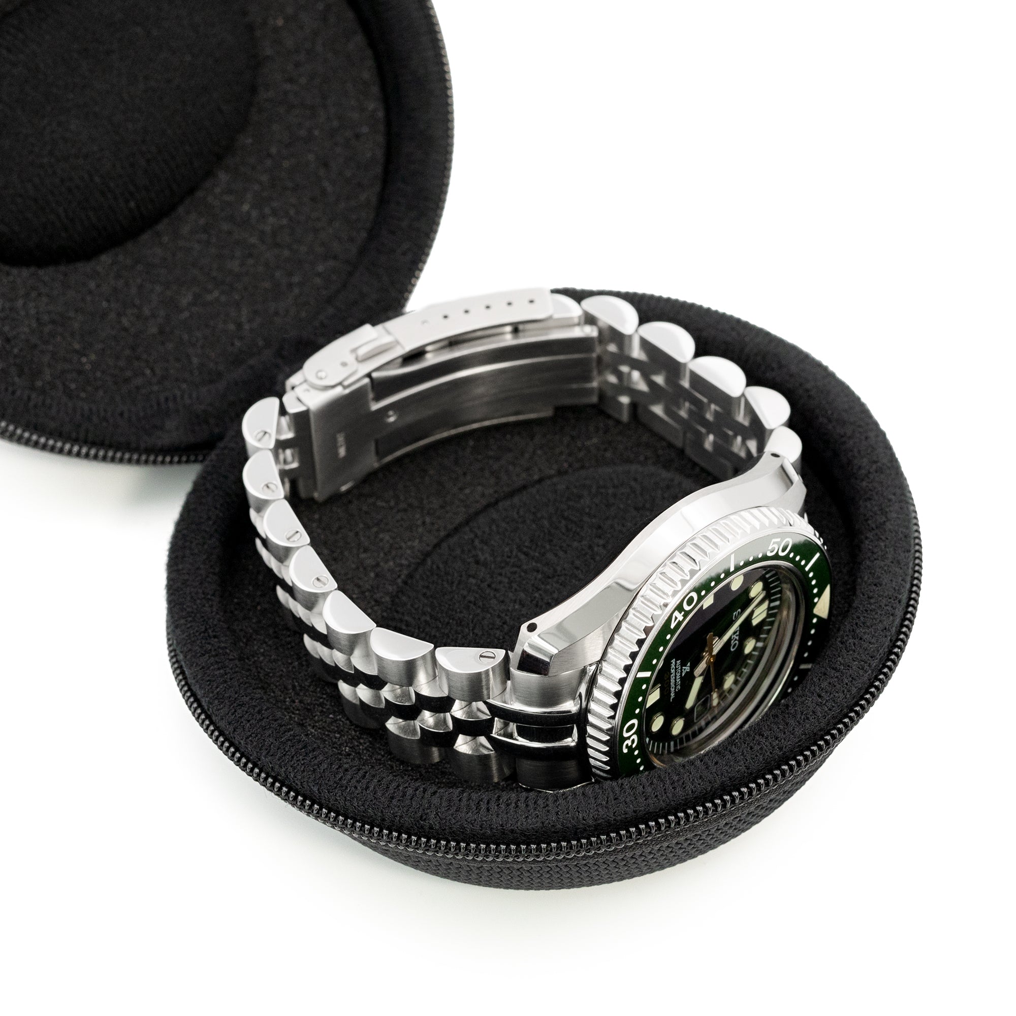 Round Watch Travel Hard Case Single Watch Box with Zipper, Black Strapcode Watch Bands