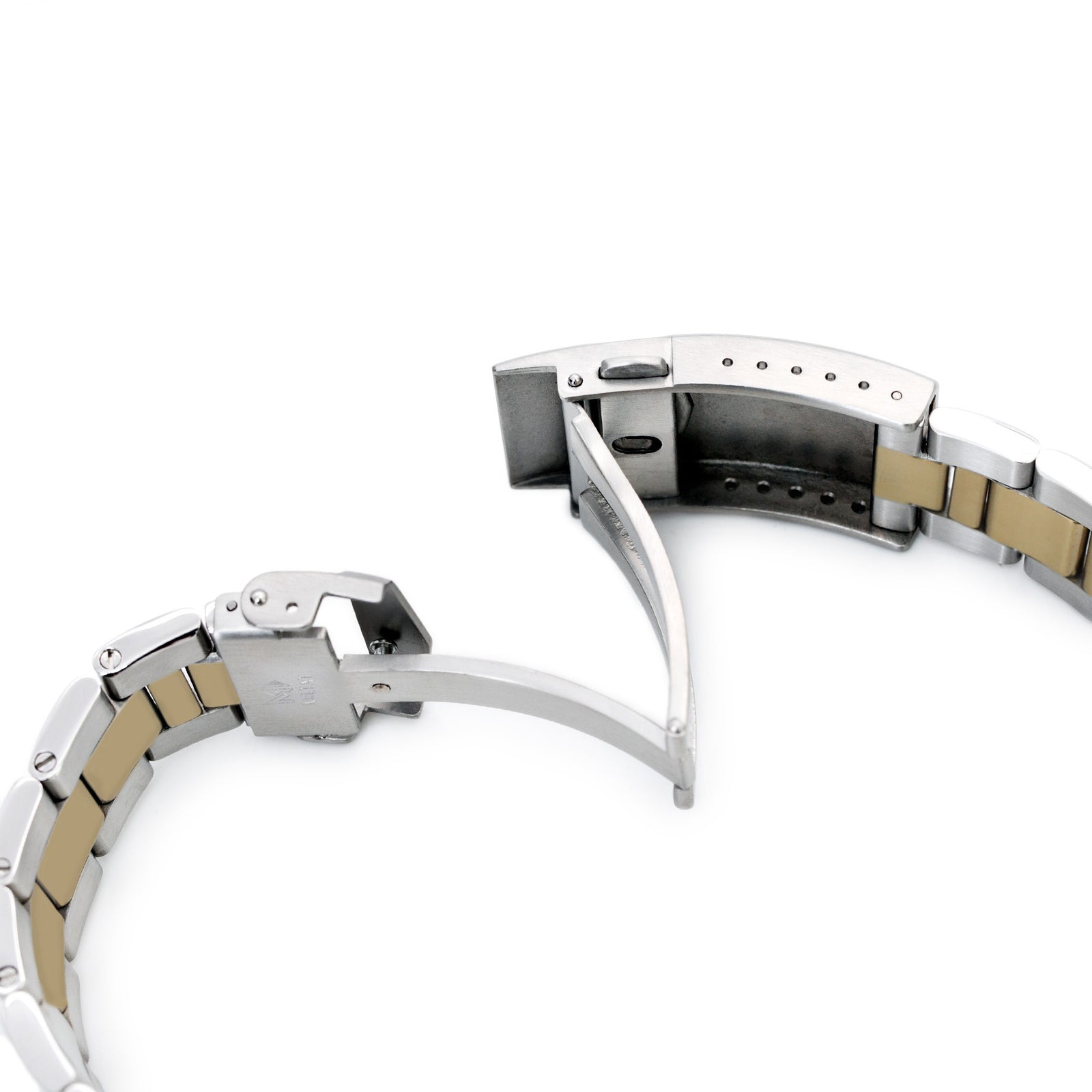 Bracelet montre Super-O Boyer 20mm pour Seiko Alpinist SARB017 SPB155 SBEJ005 (compatible Hamilton Khaki H70455733) - Maillons centraux polis or IP deux tons, boucle déployante V Diver